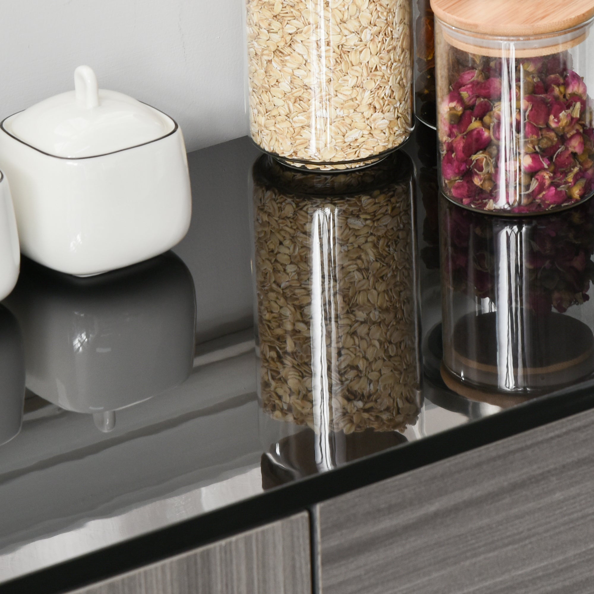 High Gloss Buffet Sideboard with 2 Drawers, 2 Doors and Adjustable Shelf, Kitchen Storage Cabinet with Push Open Design, Grey and Black Bar Cabinets at Gallery Canada