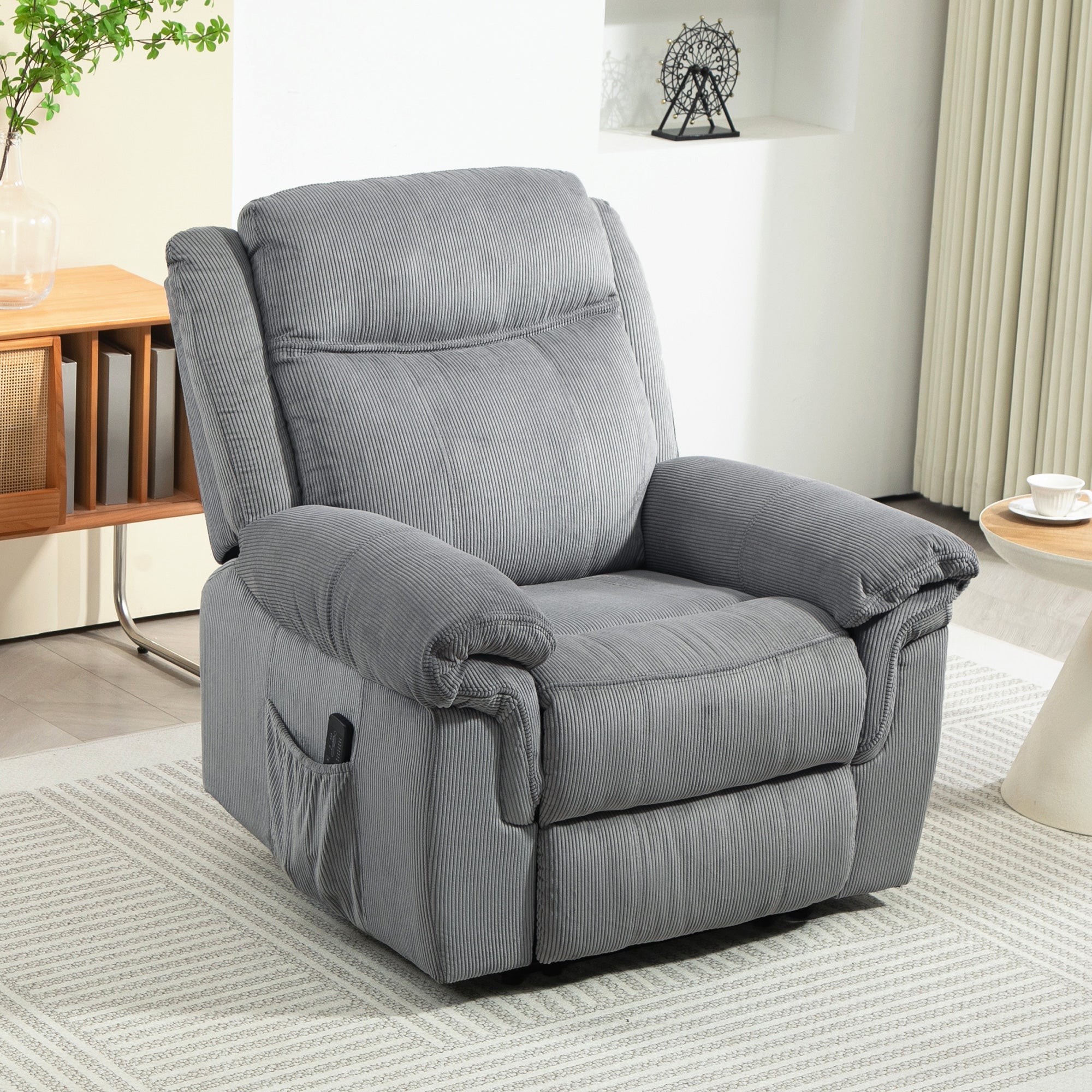 Manual Recliner Chair with Vibration Massage, Side Pockets, Corduroy Reclining Chair for Living Room, Grey Sofas & Reclining Chairs at Gallery Canada