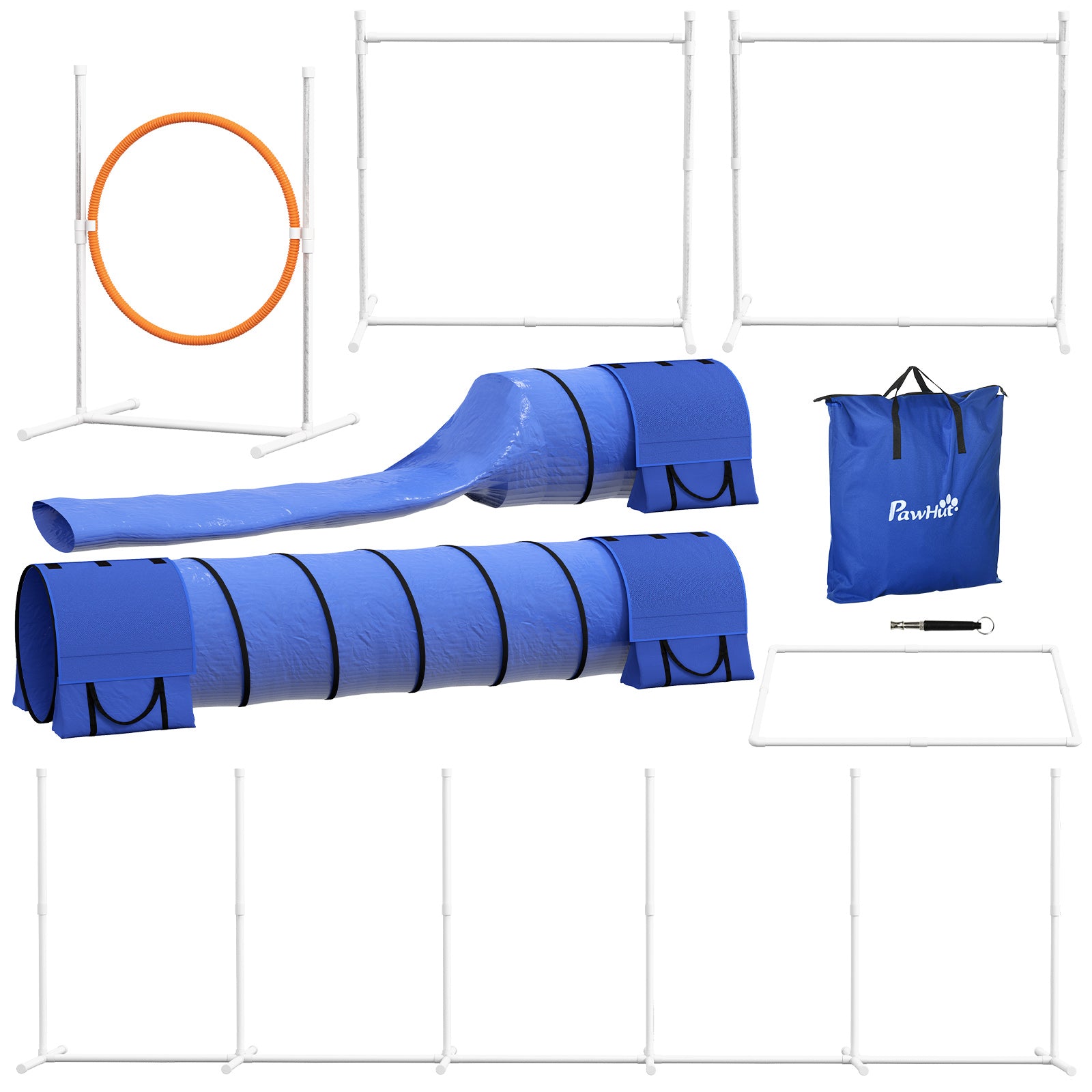 7 Pcs Dog Agility Kit w/ Tunnels, Weave Poles, Adjustable Hurdles, Jump Ring, Pause Box, Whistle, Carry Bag, Blue Dog Agility Training Equipment White, Orange, Blue at Gallery Canada