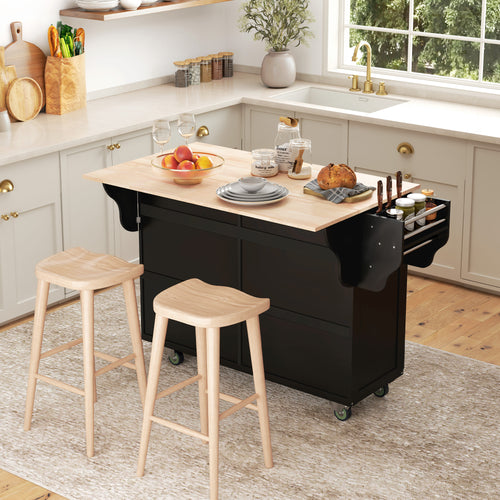Kitchen Island with Storage, Rolling Kitchen Island with Drop Leaf, Rubber Wood Top and Adjustable Shelves, Black