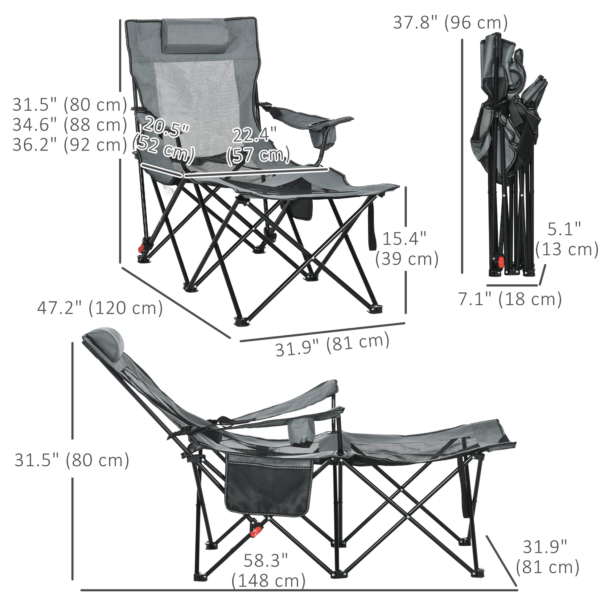 Outdoor Folding Chaise Lounge Chair with Reclining Back, Headrest, Cup Holder, Carry Bag for Patio, Camping, Grey - Gallery Canada