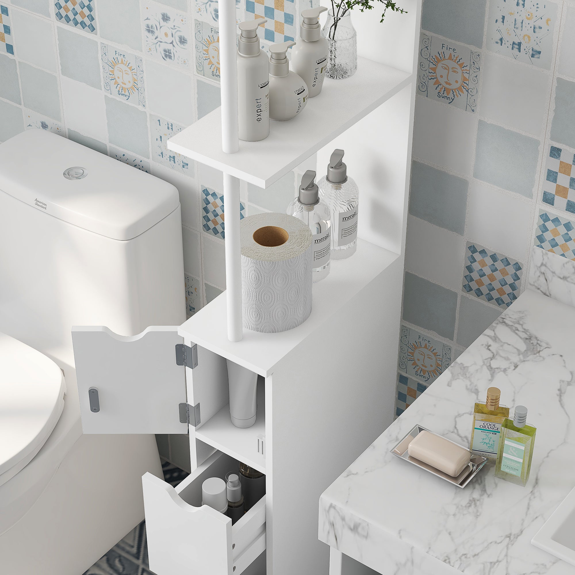 Tall Bathroom Storage Cabinet, Narrow Bathroom Cabinet with Drawers and Open Shelves for Small Spaces, White Bathroom Cabinets   at Gallery Canada