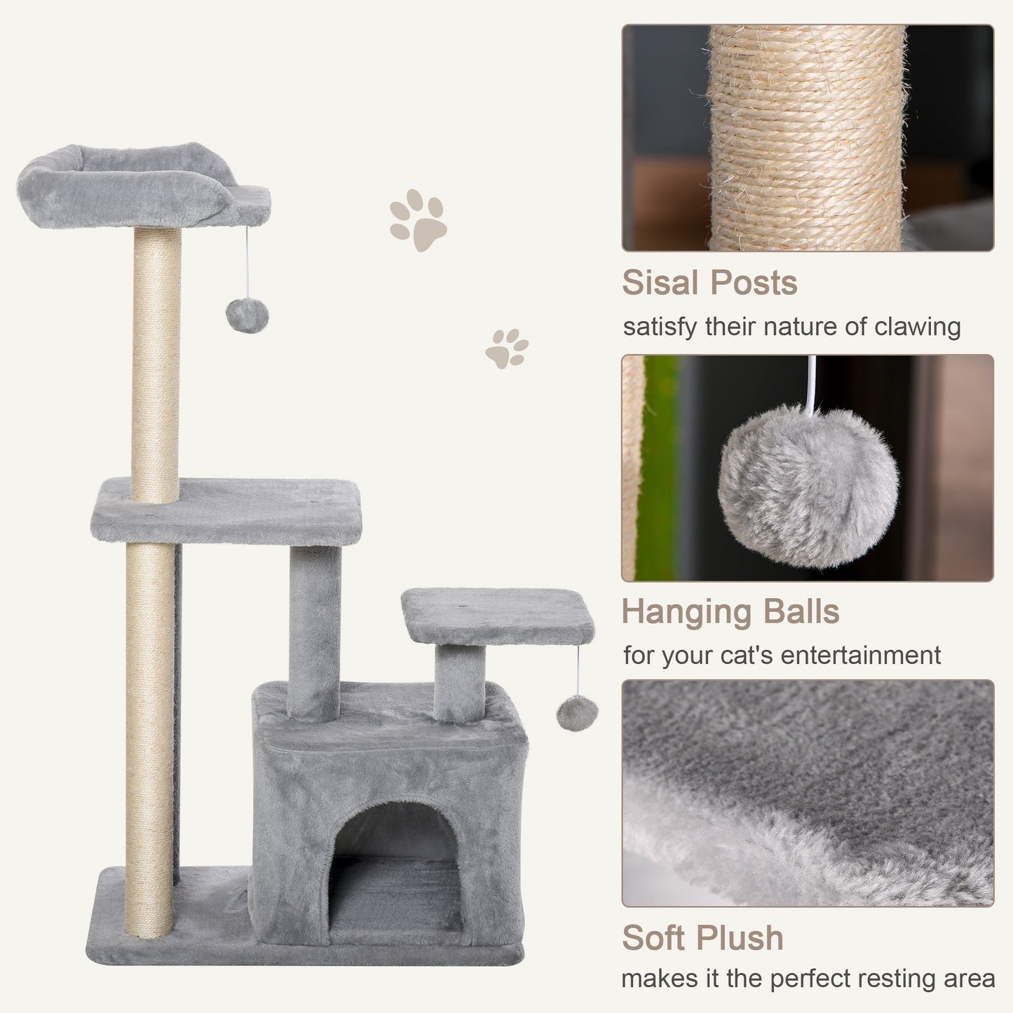 Cat Tree for Indoor Cats, Multi-Level Cat Condo with Sisal Scratching Post, Perch, Hanging Ball, Light Grey Cat Towers   at Gallery Canada