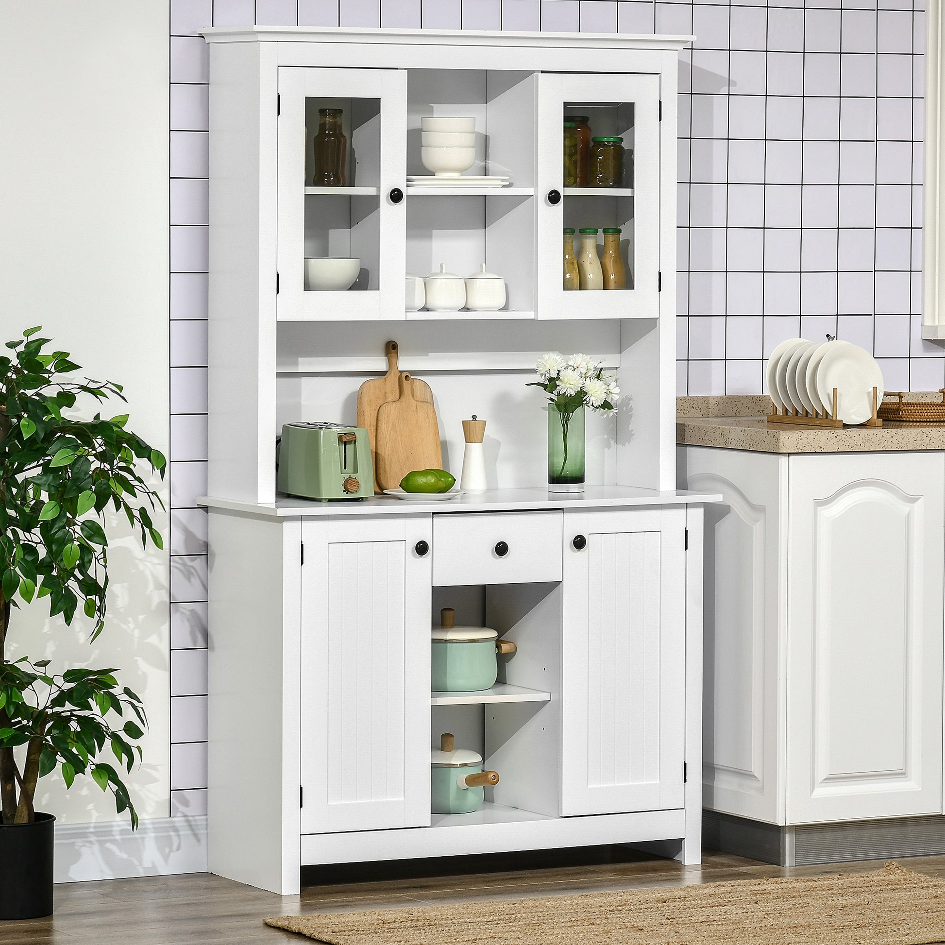 Kitchen Pantry Storage Cabinet, Freestanding Buffet with Hutch, Microwave Stand with 4 Doors, Drawer, Beadboard Panel and Adjustable Shelves, White Kitchen Pantry Cabinets White  at Gallery Canada