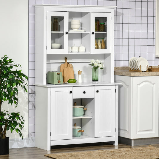 Kitchen Pantry Storage Cabinet, Freestanding Buffet with Hutch, Microwave Stand with 4 Doors, Drawer, Beadboard Panel and Adjustable Shelves, White Kitchen Pantry Cabinets   at Gallery Canada