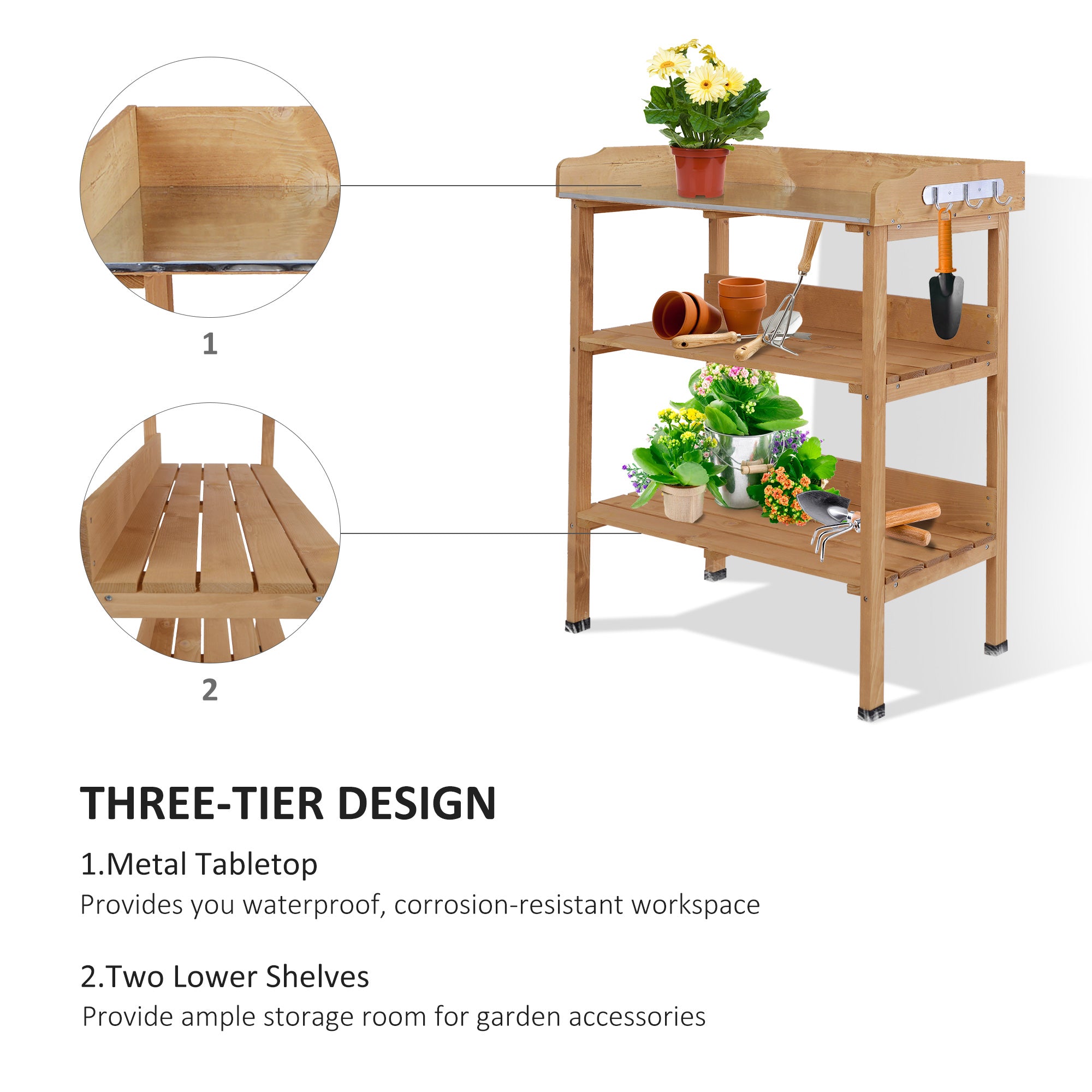 Outdoor Garden Wooden Potting Bench Work Station Table Tool Storage Shelf w/ Hooks, Natural Potting Benches & Tables at Gallery Canada