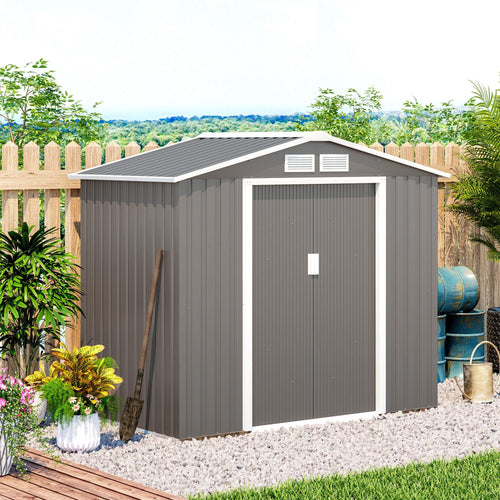 7' x 4' x 6' Garden Storage Shed Outdoor Patio Yard Metal Tool Storage House w/ Floor Foundation and Double Doors Grey