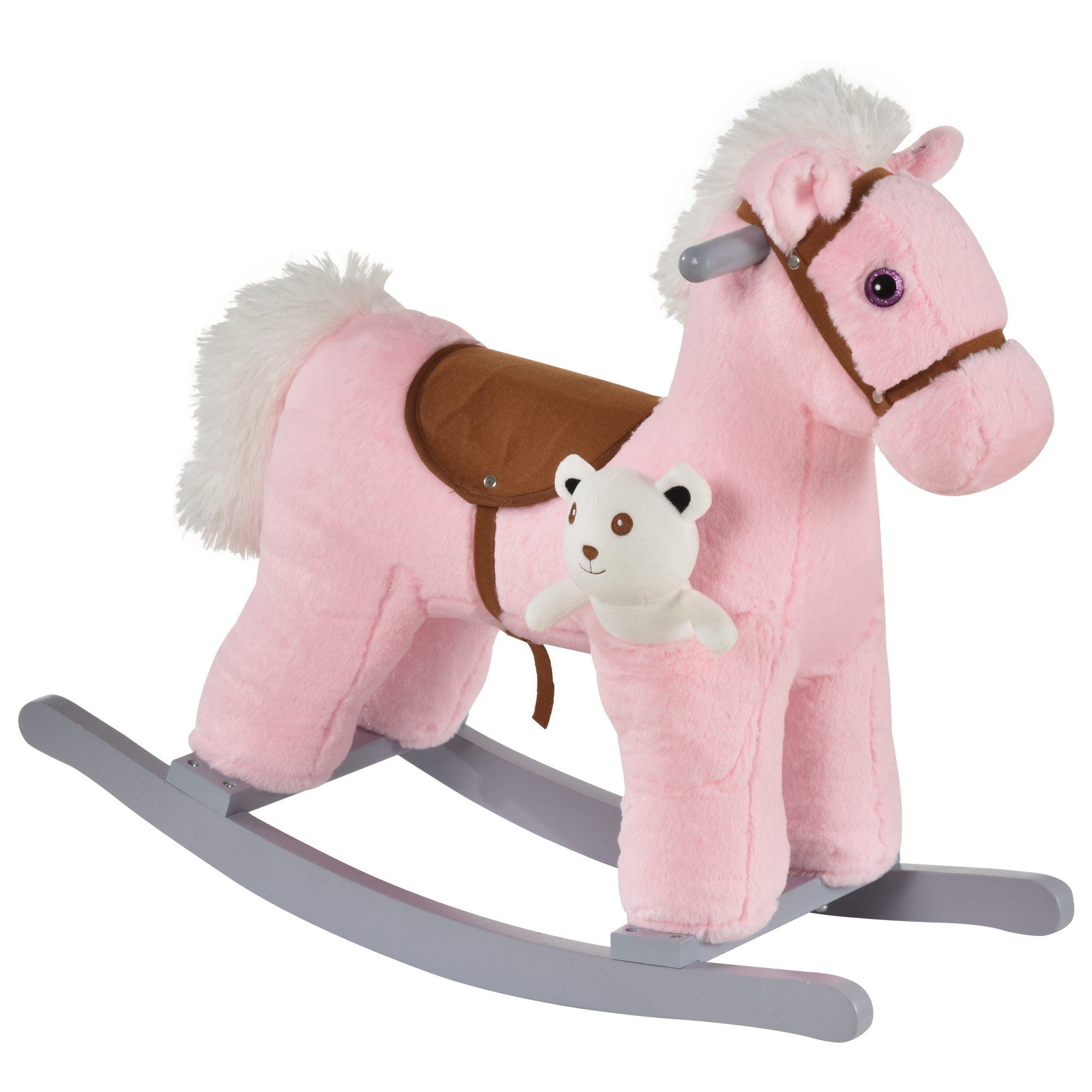 Kids Plush Ride-On Rocking Horse with Bear Toy, Children Chair with Soft Plush Toy &; Fun Realistic Sounds, Pink Rocking Horses Pink at Gallery Canada
