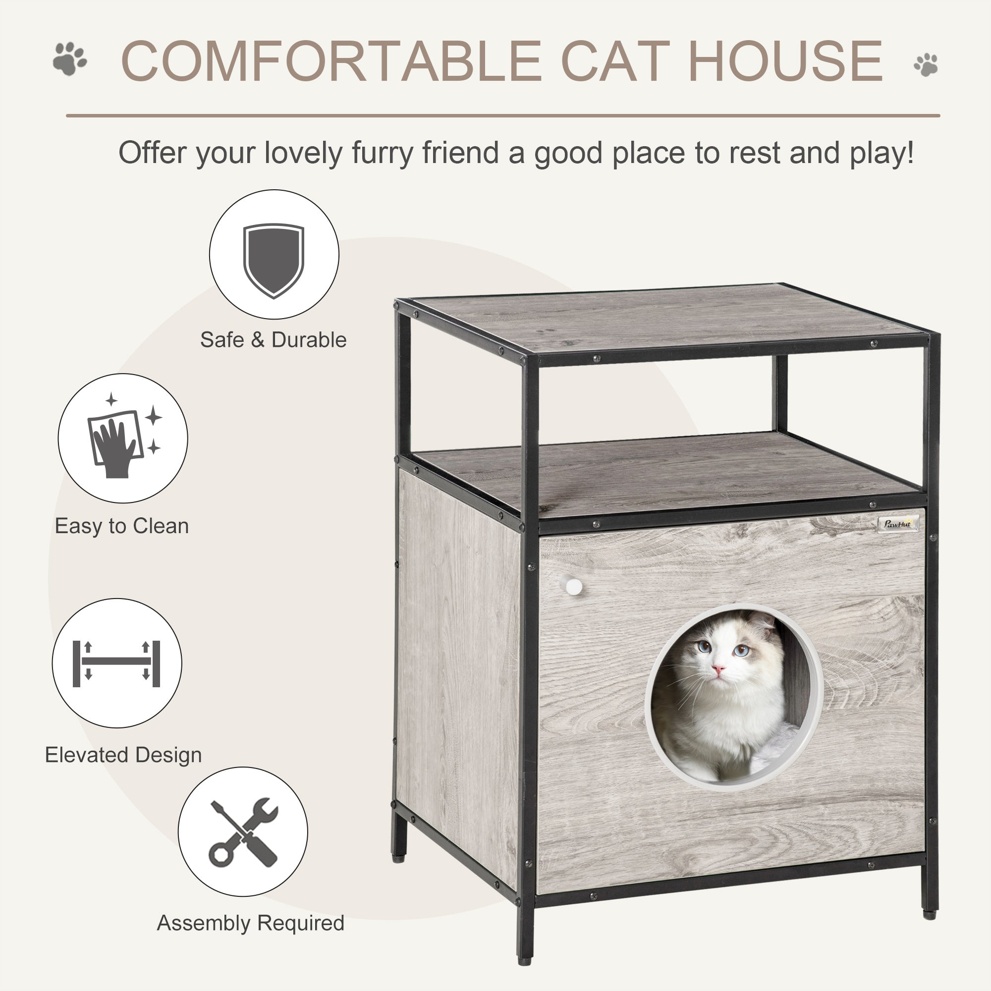 Wooden Cat House Kitty Shelter Bed with Washable Cushion and Open Shelf, Grey, 19