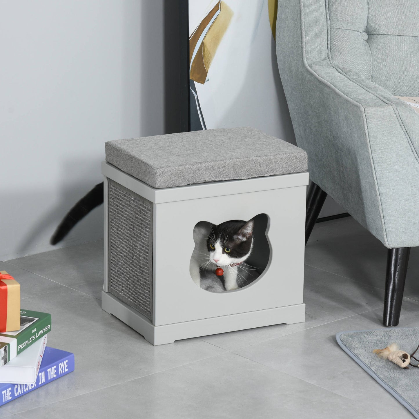 Indoor Cat Bed with 2 Exterior Scratching Boards, Cat Cube House with Removeable Cushions, 16" L x 12" W x 14" H, Grey Cat Houses   at Gallery Canada