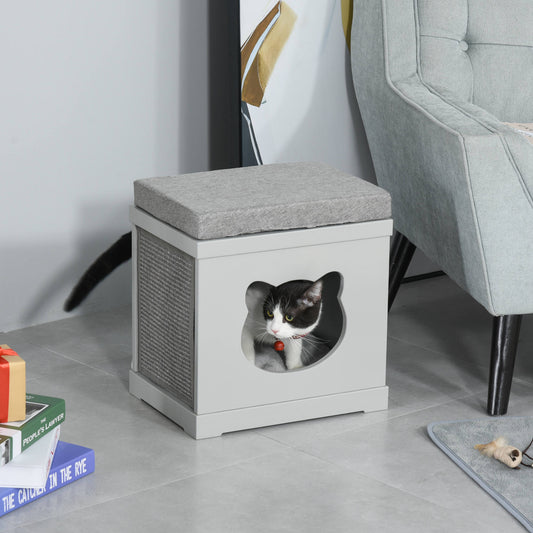 Indoor Cat Bed with 2 Exterior Scratching Boards, Cat Cube House with Removeable Cushions, 16" L x 12" W x 14" H, Grey - Gallery Canada