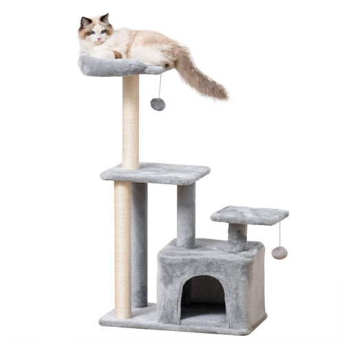 Cat Tree for Indoor Cats, Multi-Level Cat Condo with Sisal Scratching Post, Perch, Hanging Ball, Light Grey