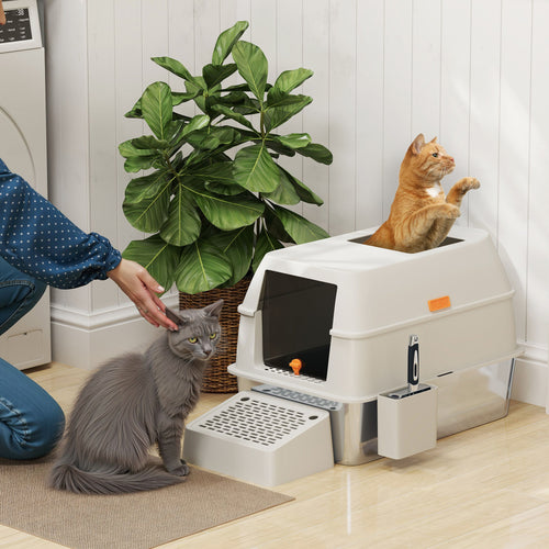 Stainless Steel Cat Litter Box with Lid, High Sided, Scoop, Easy Clean, Non-Sticky &; Anti-Leakage, Light Grey
