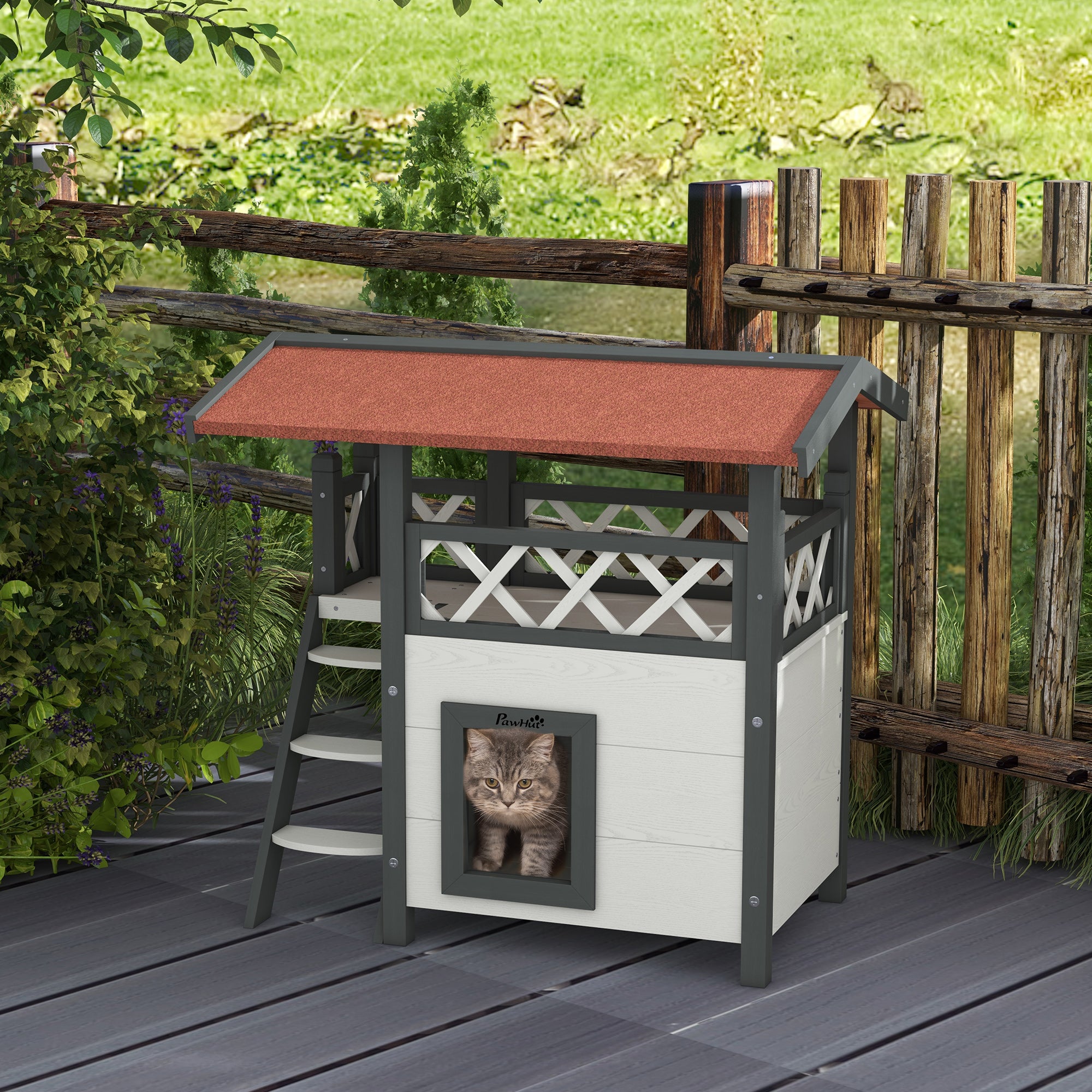 Wooden 2-Story Shelter for Feral Cats with Asphalt Roof, Stairs, Balcony, 30