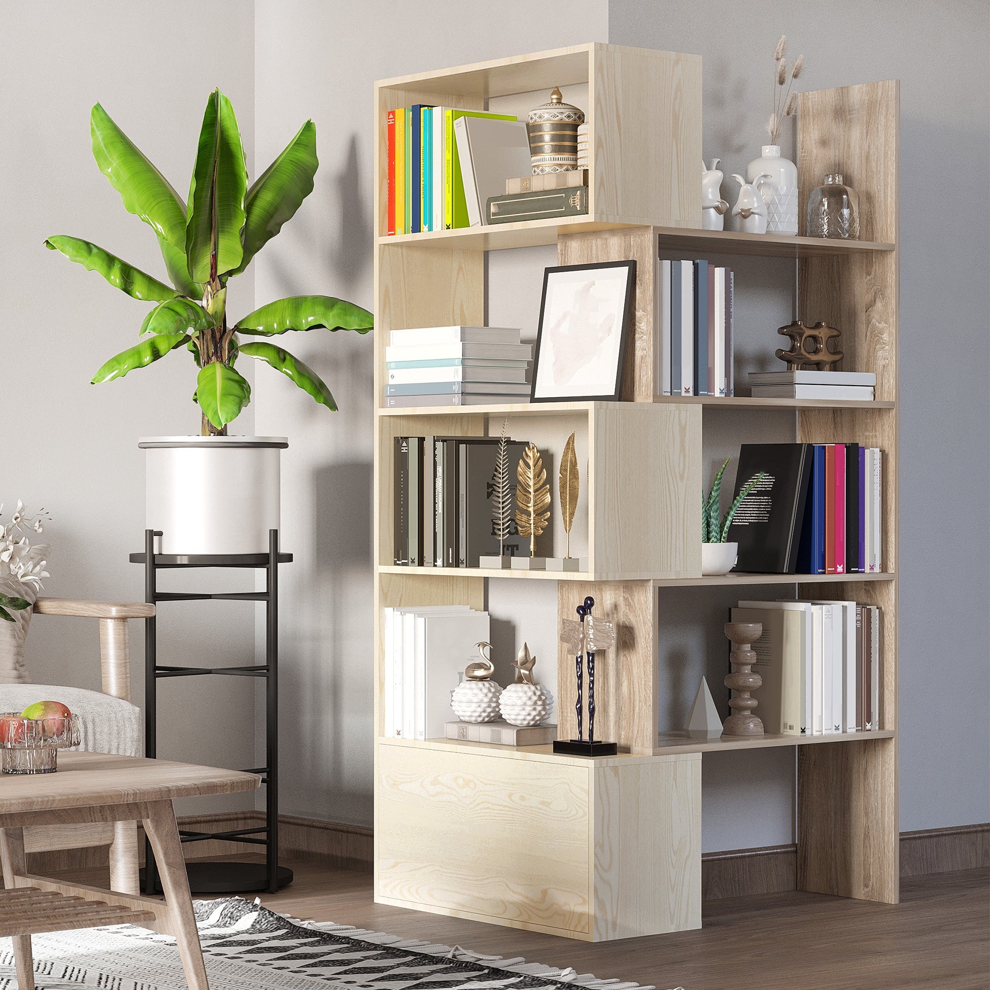 Bookcase with Rotating Storage Shelf, Multifunction Bookshelf, Space Saving Design for Home Office, White Oak Display Bookshelves   at Gallery Canada