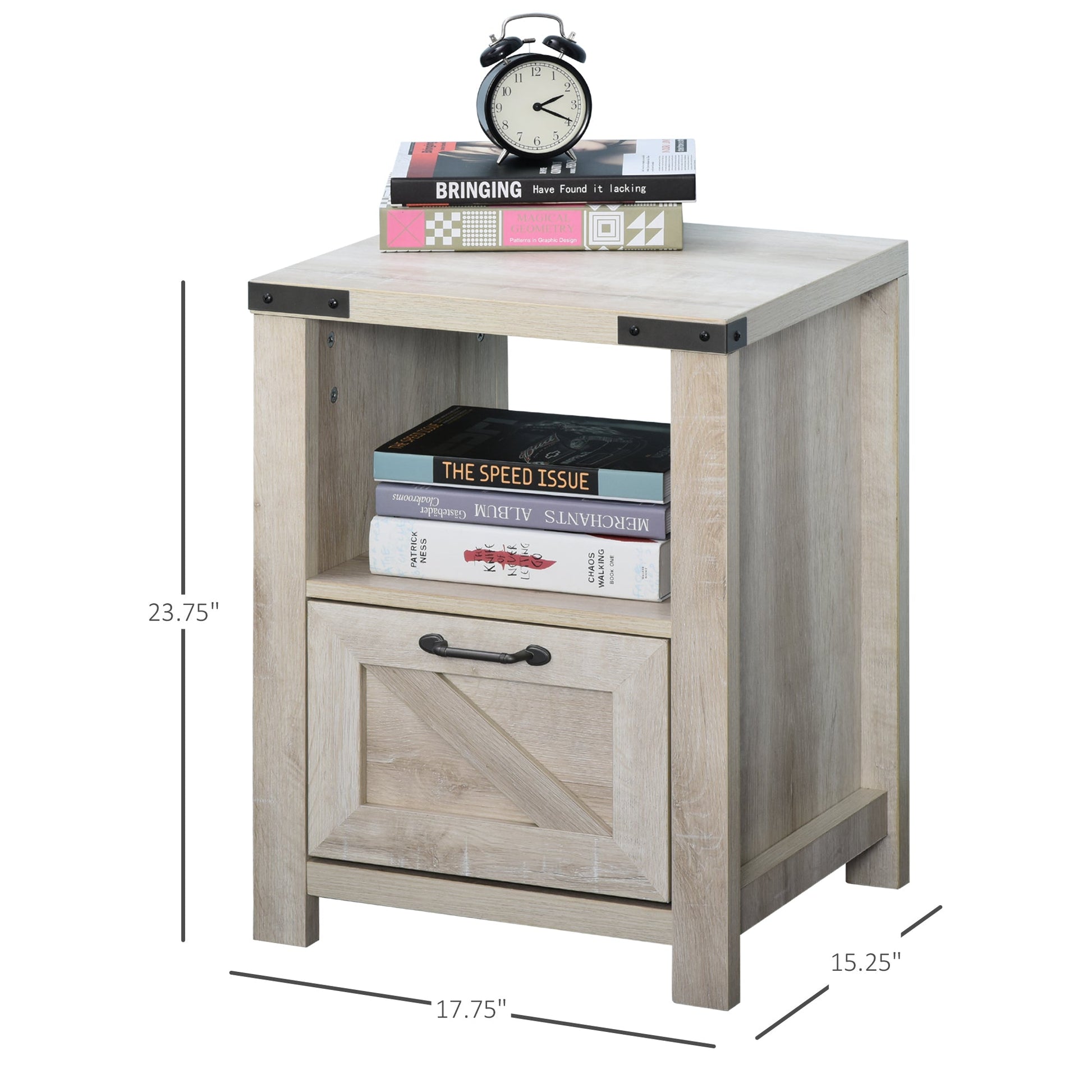 Side Table with Storage, Farmhouse End Table with Drawer, Open Shelf and Barn-style Panel, Accent Table for Living Room, Bedroom, Oak Side Tables   at Gallery Canada