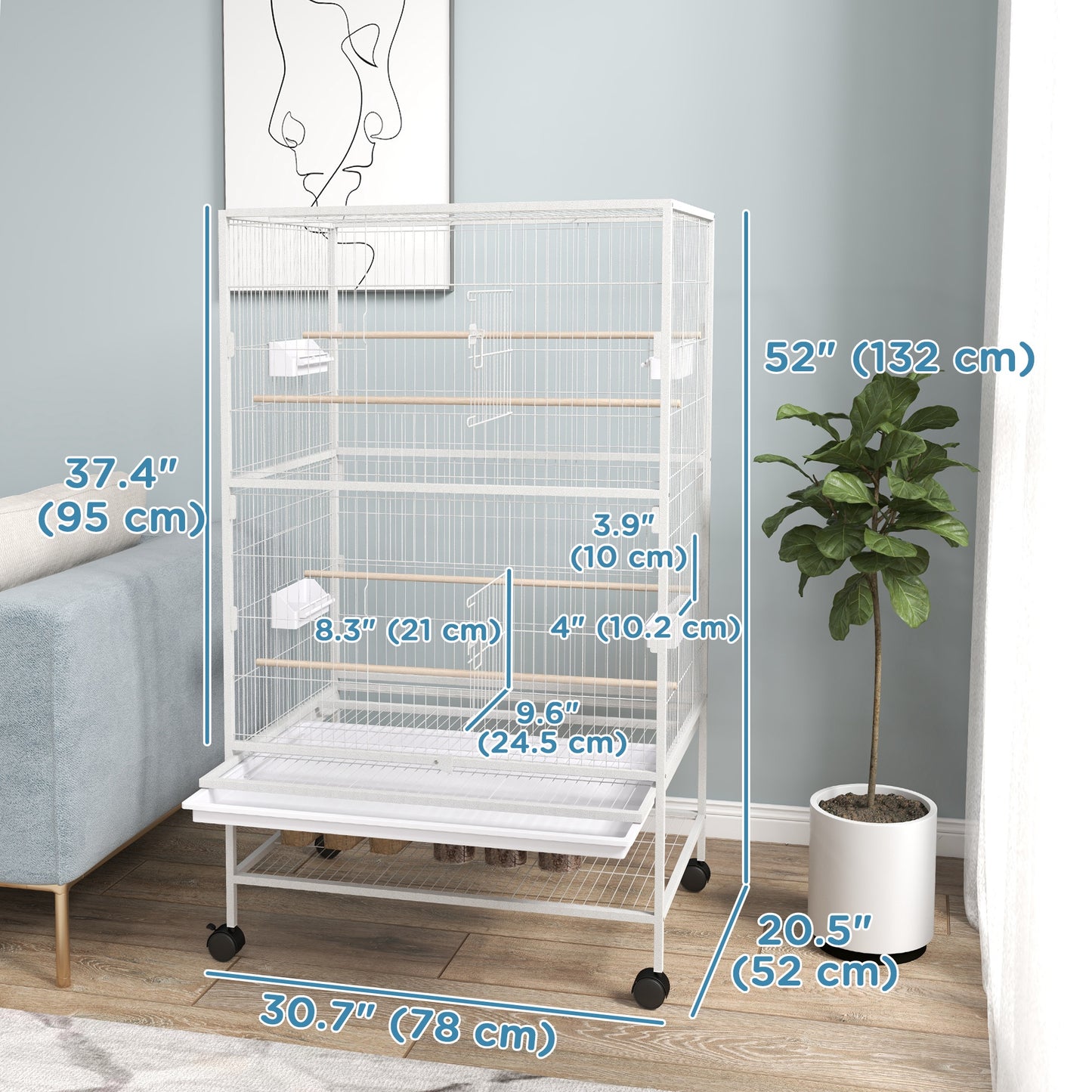 52" Large Rolling Steel Bird Cage Bird House with Rolling Stand, Storage Shelf, Wood Perch, Food Container, Grey Bird Cages   at Gallery Canada