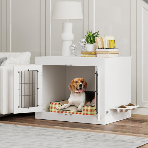 Dog Crate Furniture with 360° Rotatable Removable Dog Bowls, Two Doors, for Medium Dogs, 31.5