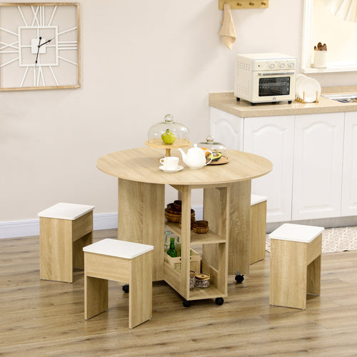 5 Pieces Dining Table Set, Kitchen Table and Chairs for 4 with Drop Leaf Table on Wheels, Stools, Storage, Oak