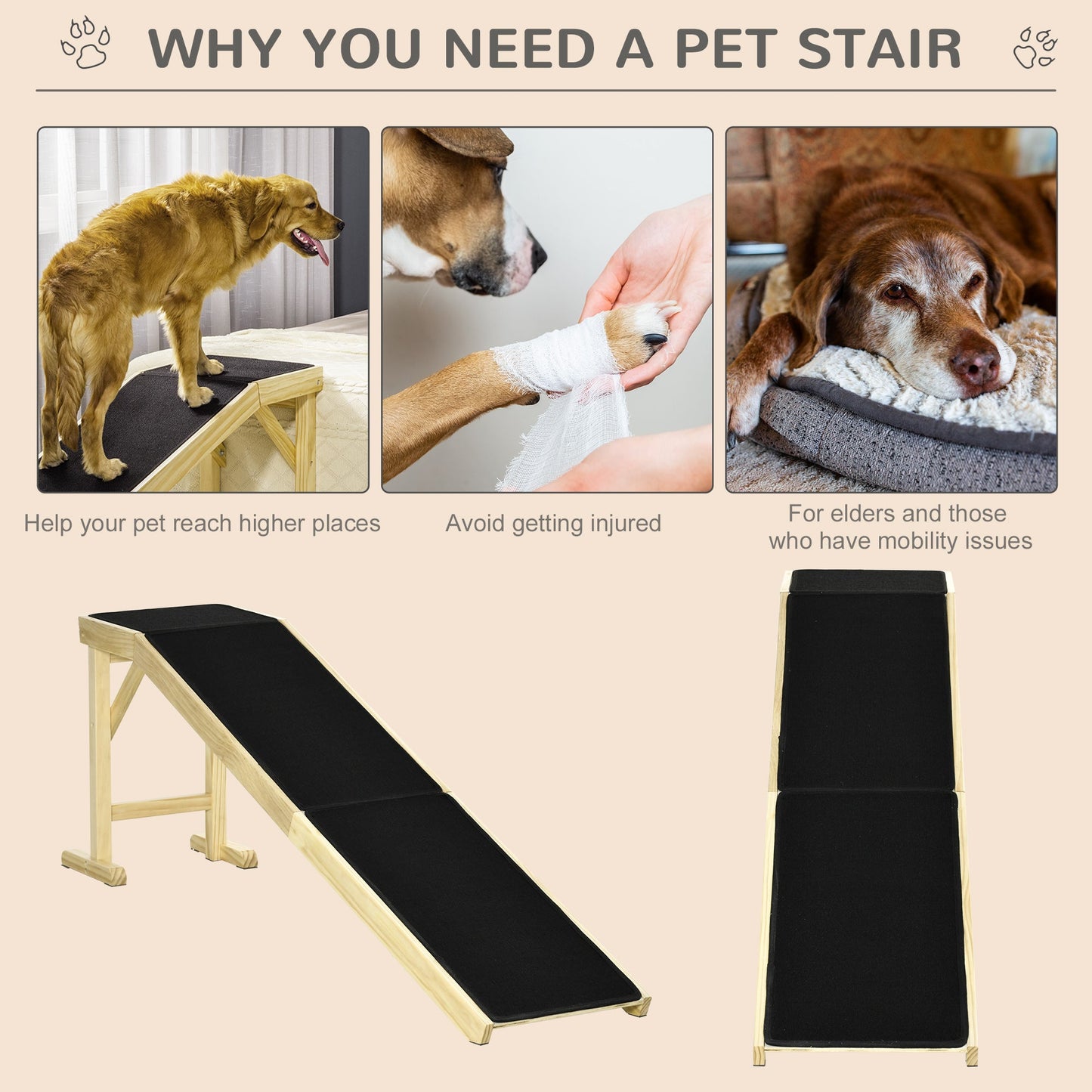 Pet Ramp Bed Steps for Dogs Cats Non-slip Carpet 74"L x 16"W x 25"H Natural Dog Stairs   at Gallery Canada