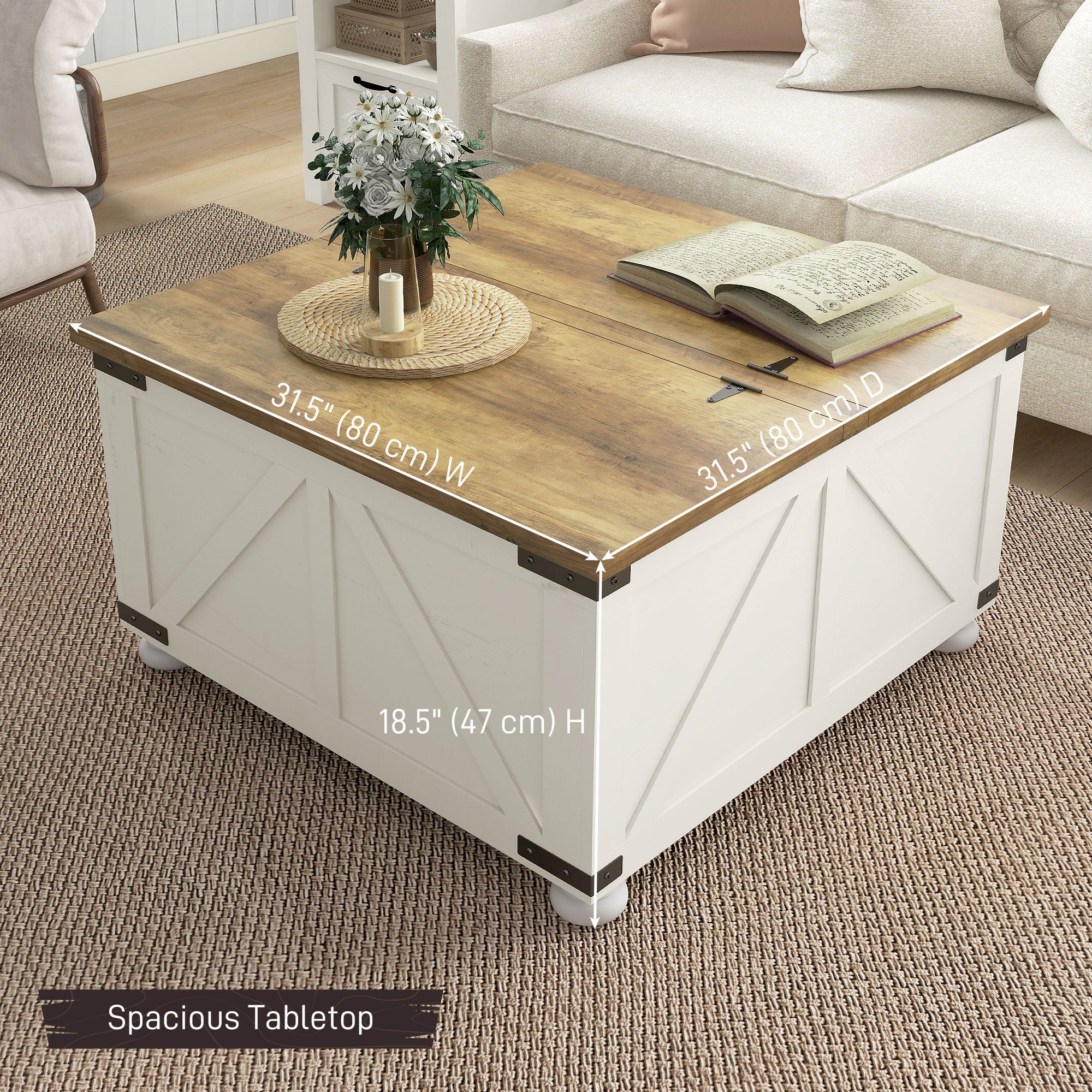 Farmhouse Coffee Table, Square Center Table with Flip-top Lids, Hidden Storage Compartment and Wooden Legs, Antique White Coffee Tables at Gallery Canada