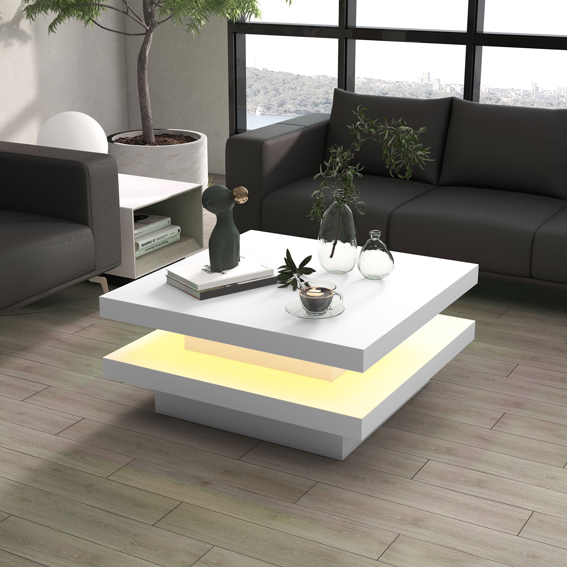 Square Coffee Table with 7 LED Lights and Remote, 2-Tier Modern Center Table for Living Room, White Coffee Tables   at Gallery Canada