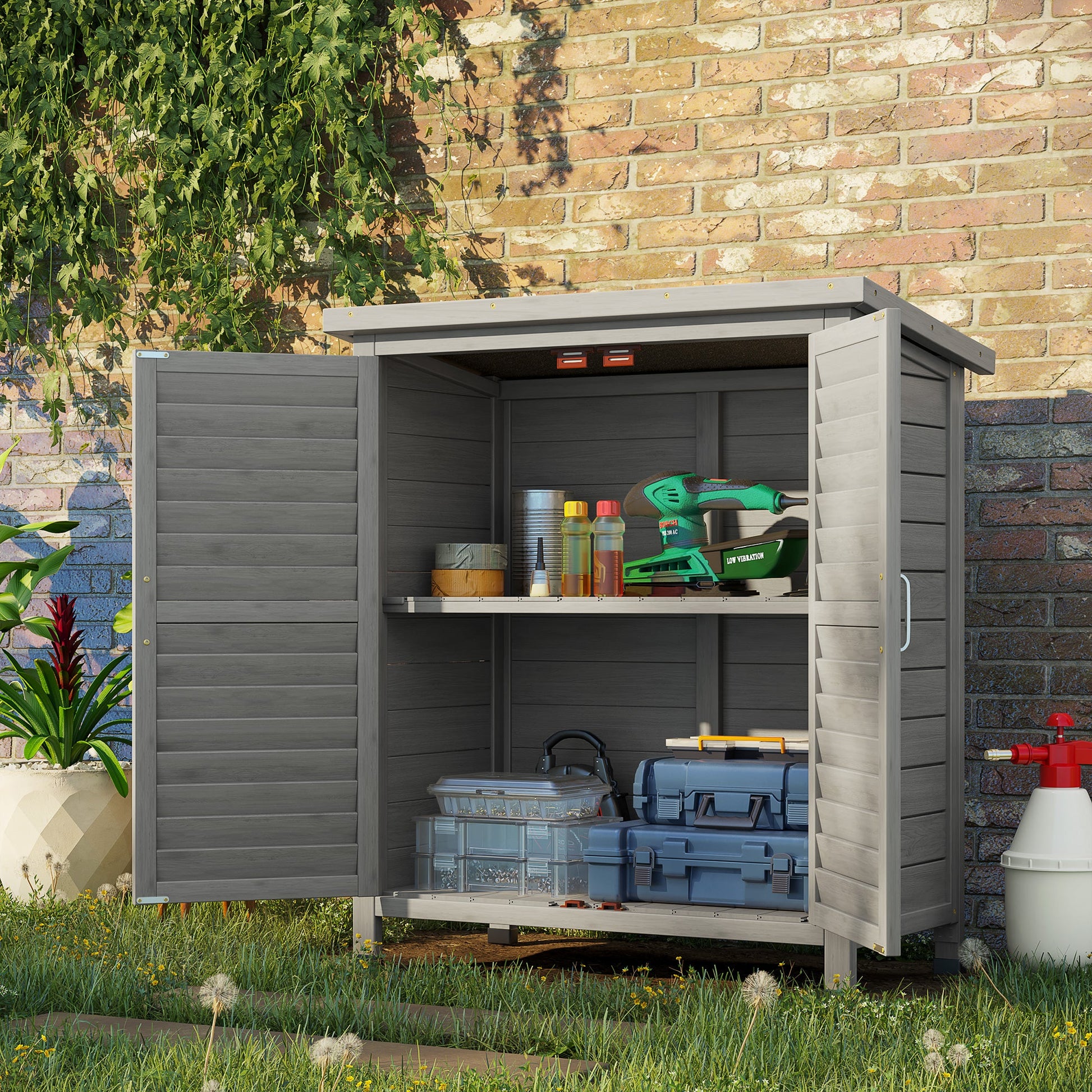 Wooden Garden Storage Shed Kit Wood Garage Tool Organisation Cabinet with 2 Door , 34" x 18" x 38", Grey Sheds   at Gallery Canada