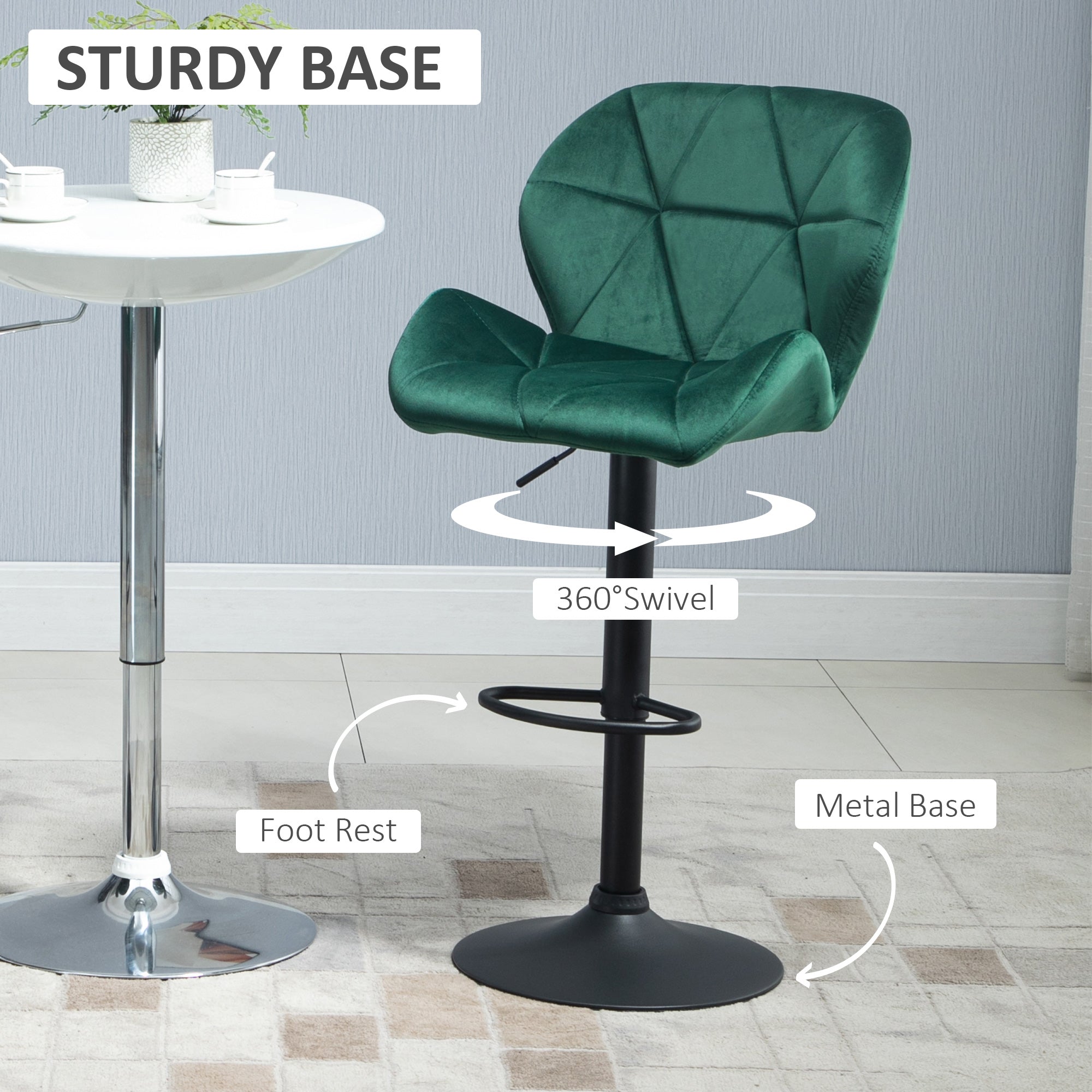 Bar Stool Set of 2 Fabric Adjustable Height Armless Upholstered Counter Chairs with Swivel Seat, Green Bar Stools   at Gallery Canada