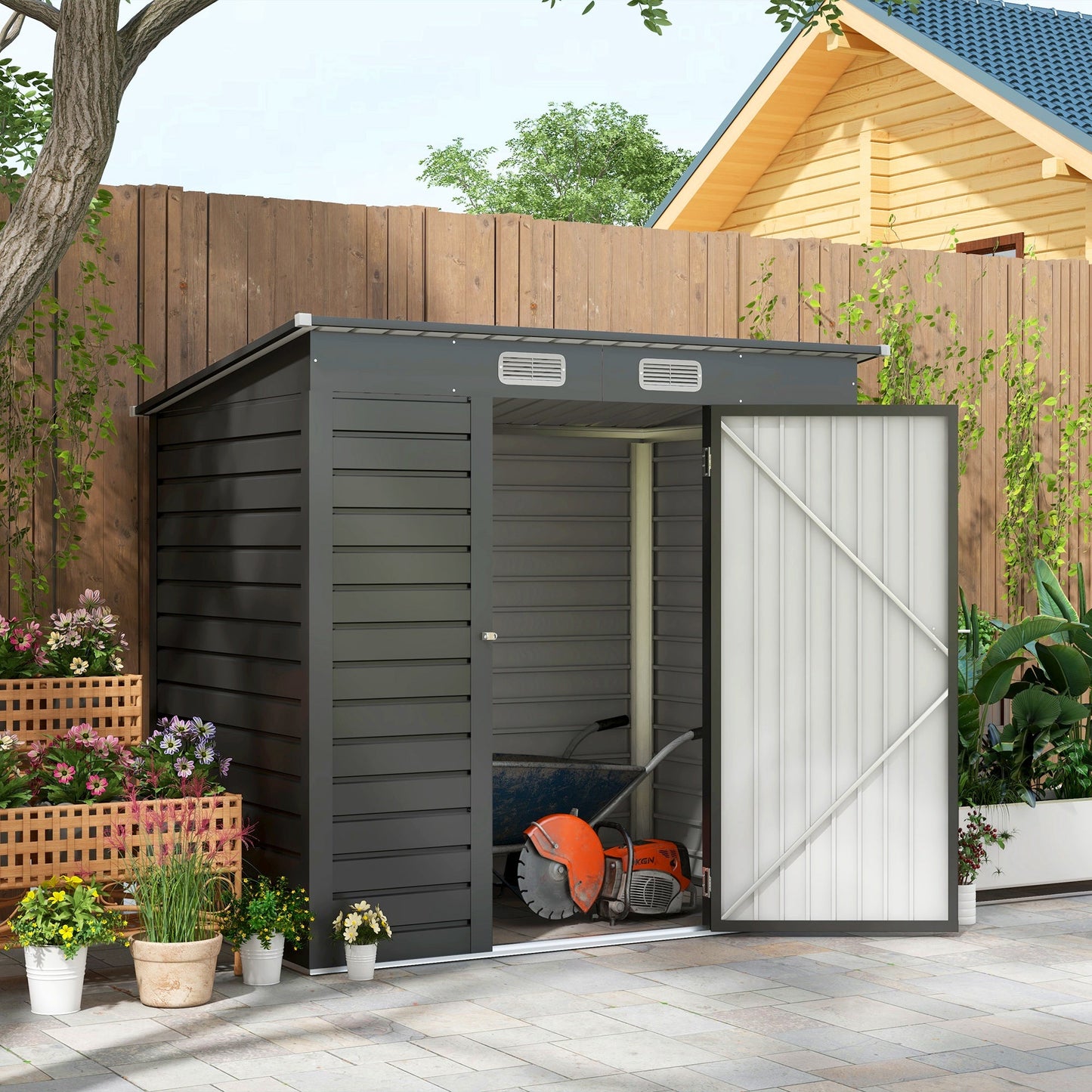 6 x 4FT Galvanized Garden Storage Shed, Metal Outdoor Shed with 2 Vents, Grey Sheds   at Gallery Canada