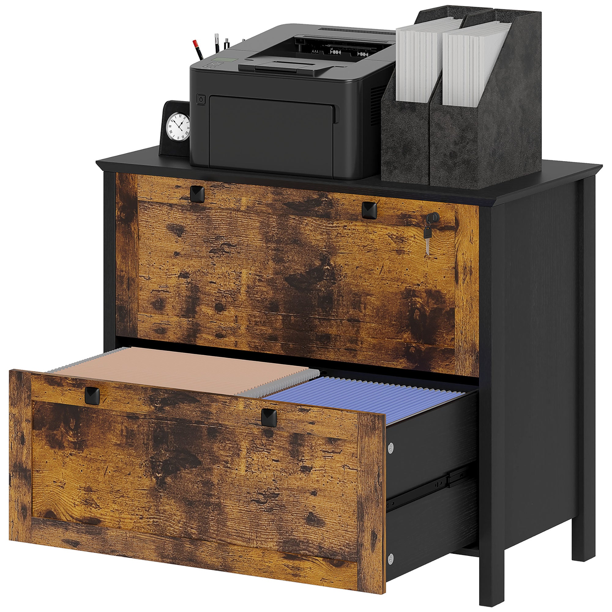 2 Drawer File Cabinet, Lockable Filing Cabinet with Adjustable Hanging Bar for Letter, A4 Size, Rustic Brown Office Cabinets & Cupboards Rustic Brown at Gallery Canada