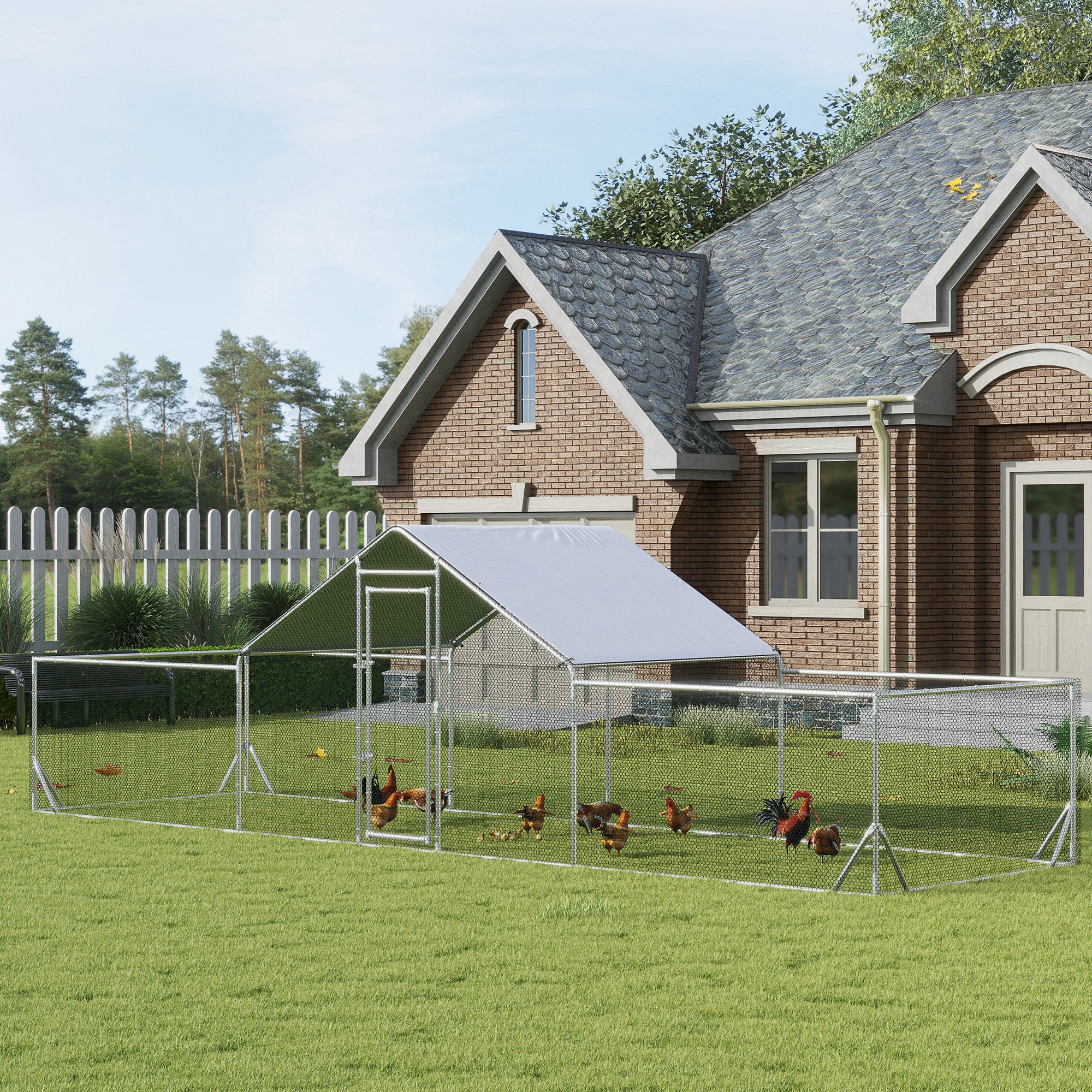 Chicken Run, 23' x 6.6' Metal Chicken Coop with Waterproof and Anti-UV Cover, Spire Roof, Door, for 12-14 Chickens, Ducks, Rabbits, Sliver Chicken Coops at Gallery Canada