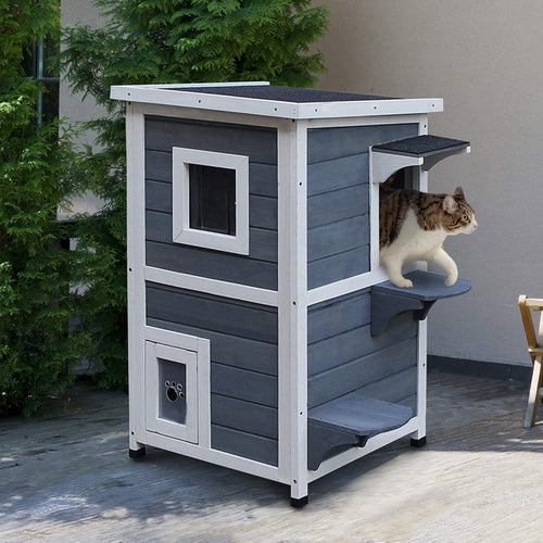 2 Story Wooden Outdoor Cat House with Windows, Platforms, Openable Top, Asphalt Roof, Grey