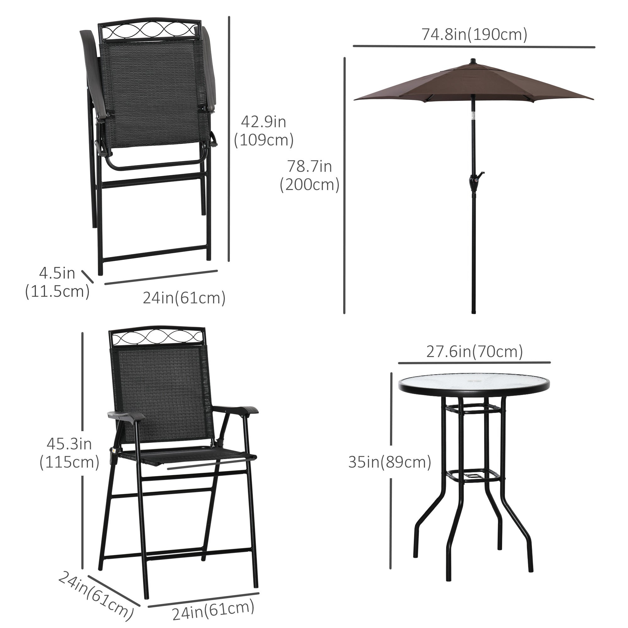 4 Piece Patio Bar Set, Sling Folding Outdoor Furniture with Brown Umbrella for Poolside, Backyard and Garden, Black Bistro Sets at Gallery Canada