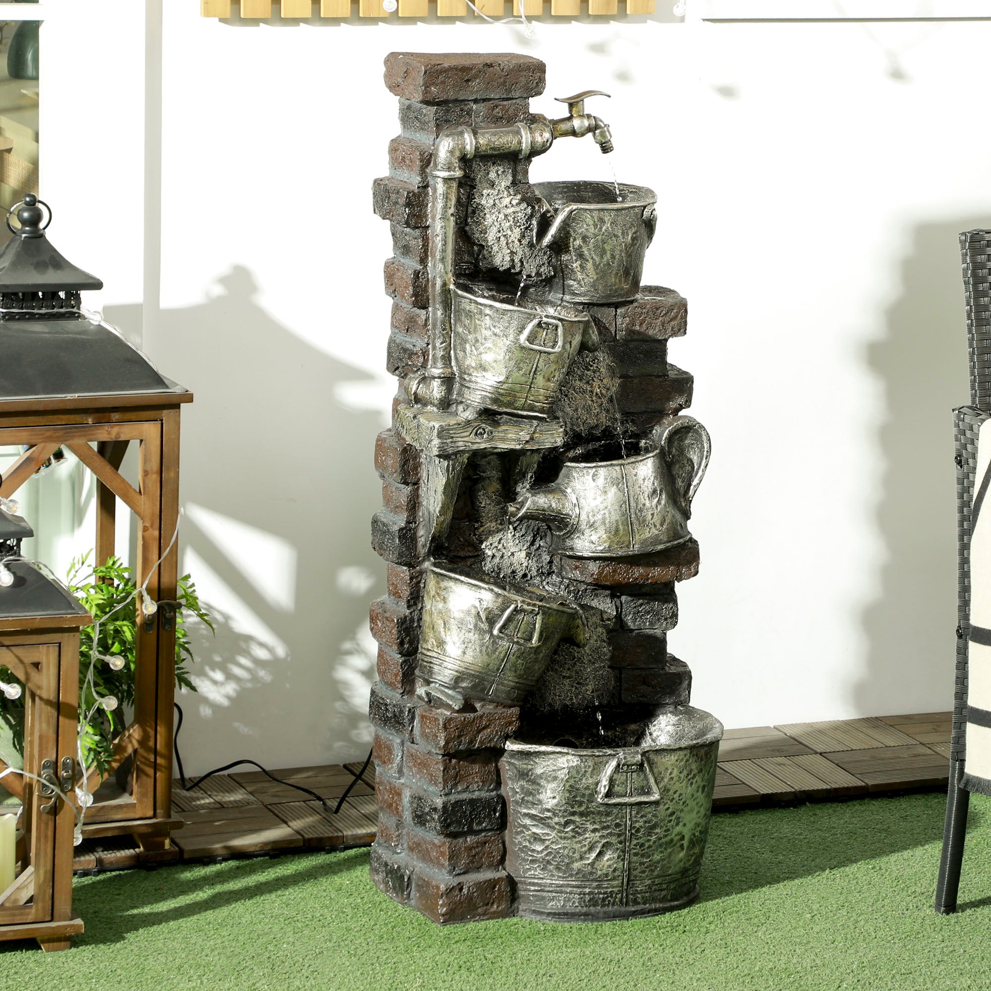5-Tiered Faucet &; Barrel Outdoor Water Fountain with LED Lights, Adjustable Flow, 39.4-inch Resin Waterfall Fountain Water Fountains at Gallery Canada