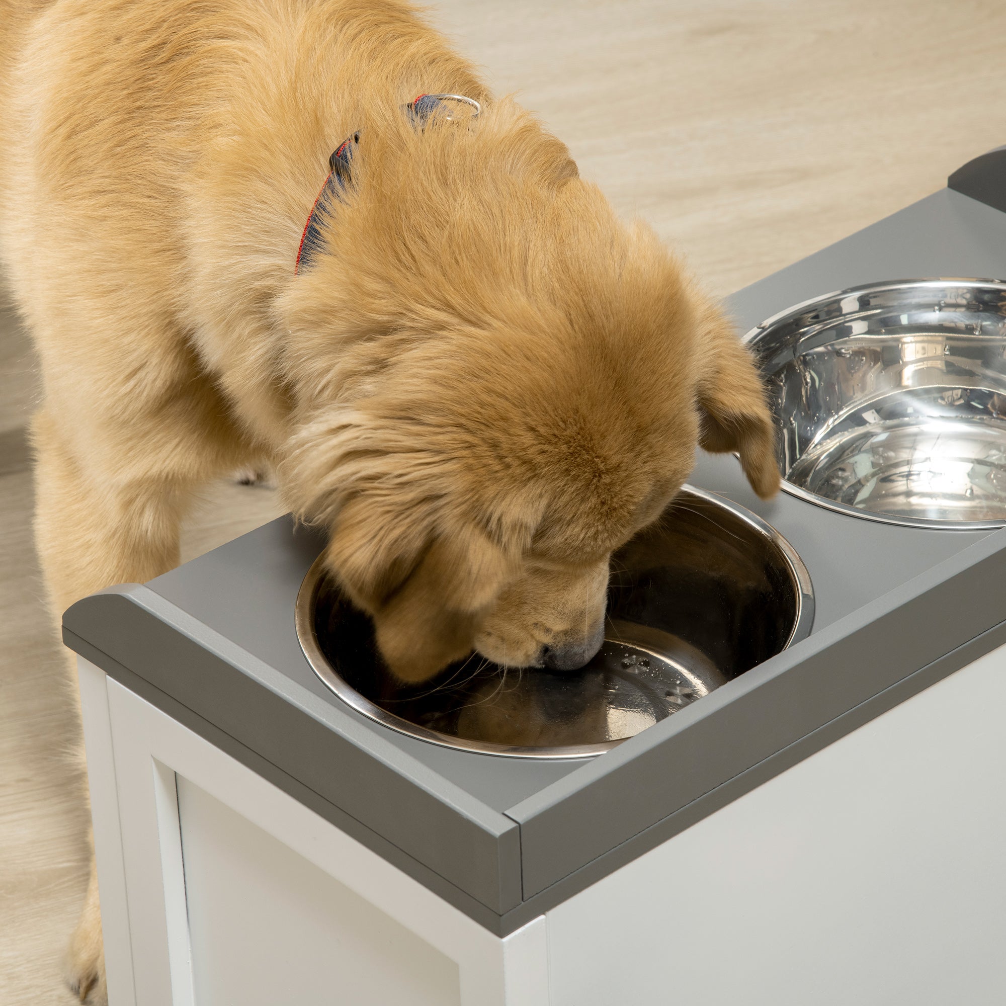 Elevated Dog Bowls Raised Pet Feeding Station with Storage 2 Stainless Steel Bowls, 23.6