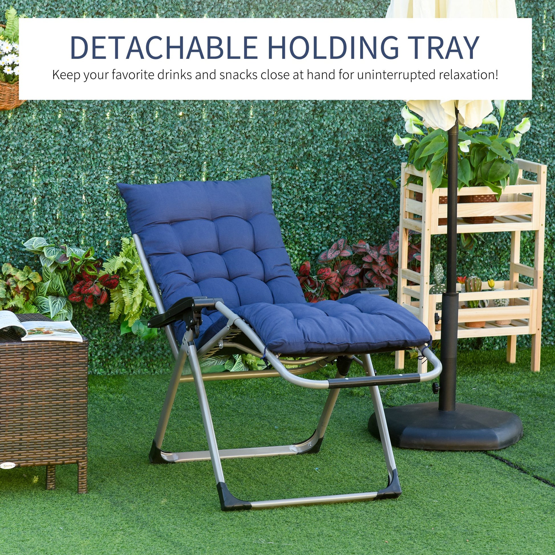 Reclining Zero Gravity Chair with Adjustable Backrest, Folding Garden Sun Lounger with Removable Cushion and Headrest, Dark Blue Lounger Chairs   at Gallery Canada