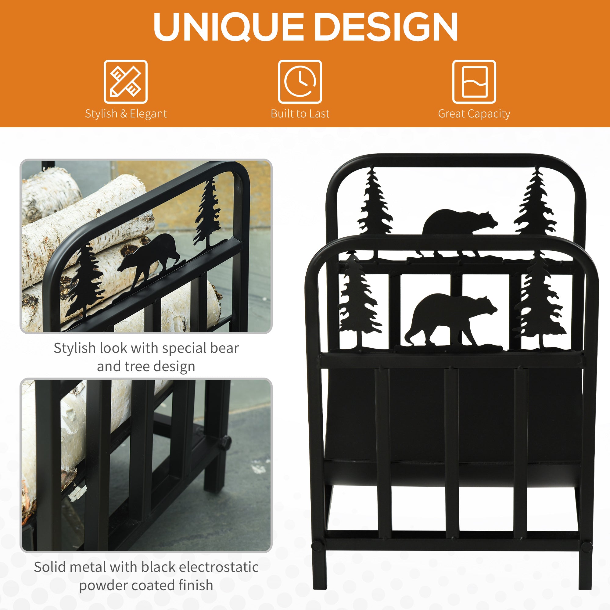 Curved Firewood Rack with Bear and Pine Tree Design, 17 Inch Log Holder Storage Rack with 110 lbs. Capacity, Black Firewood Racks   at Gallery Canada