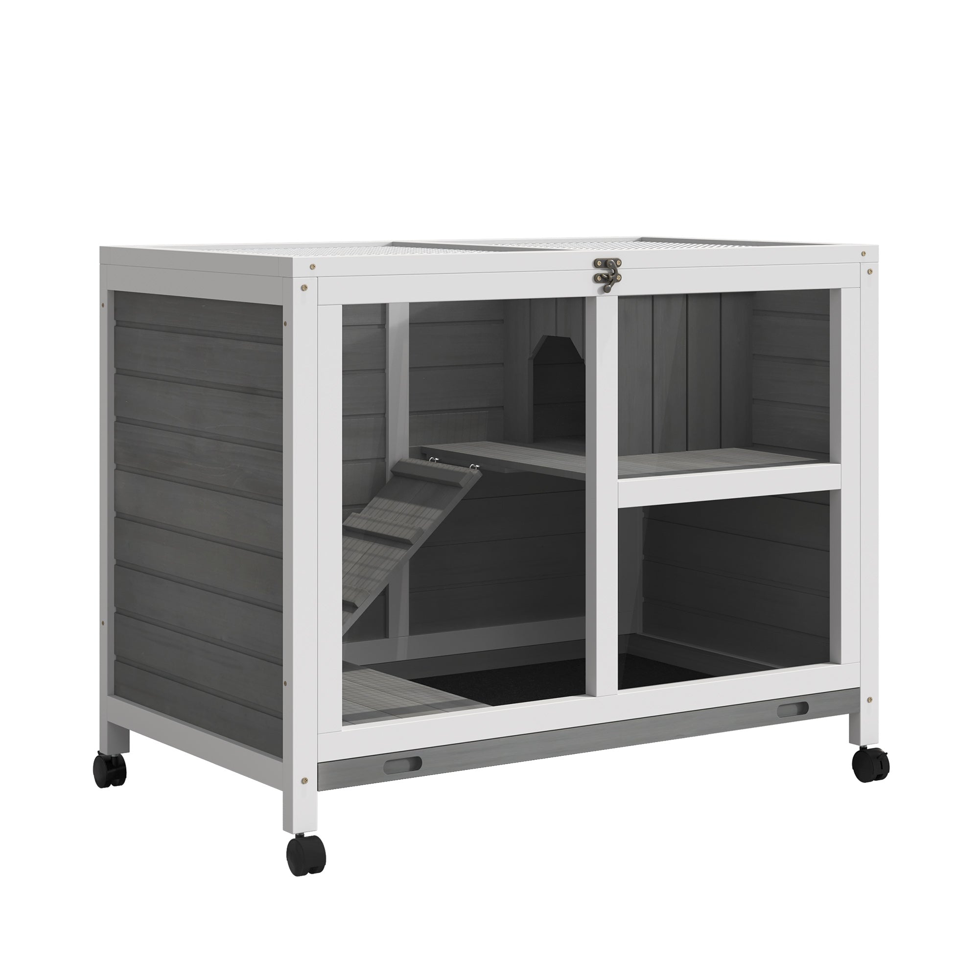 Indoor Rabbit Hutch with Wheels, Bunny Cage Guinea Pig House W/ Top Access, Ramp, Pull Out Tray, Grey Rabbit Hutch Grey at Gallery Canada