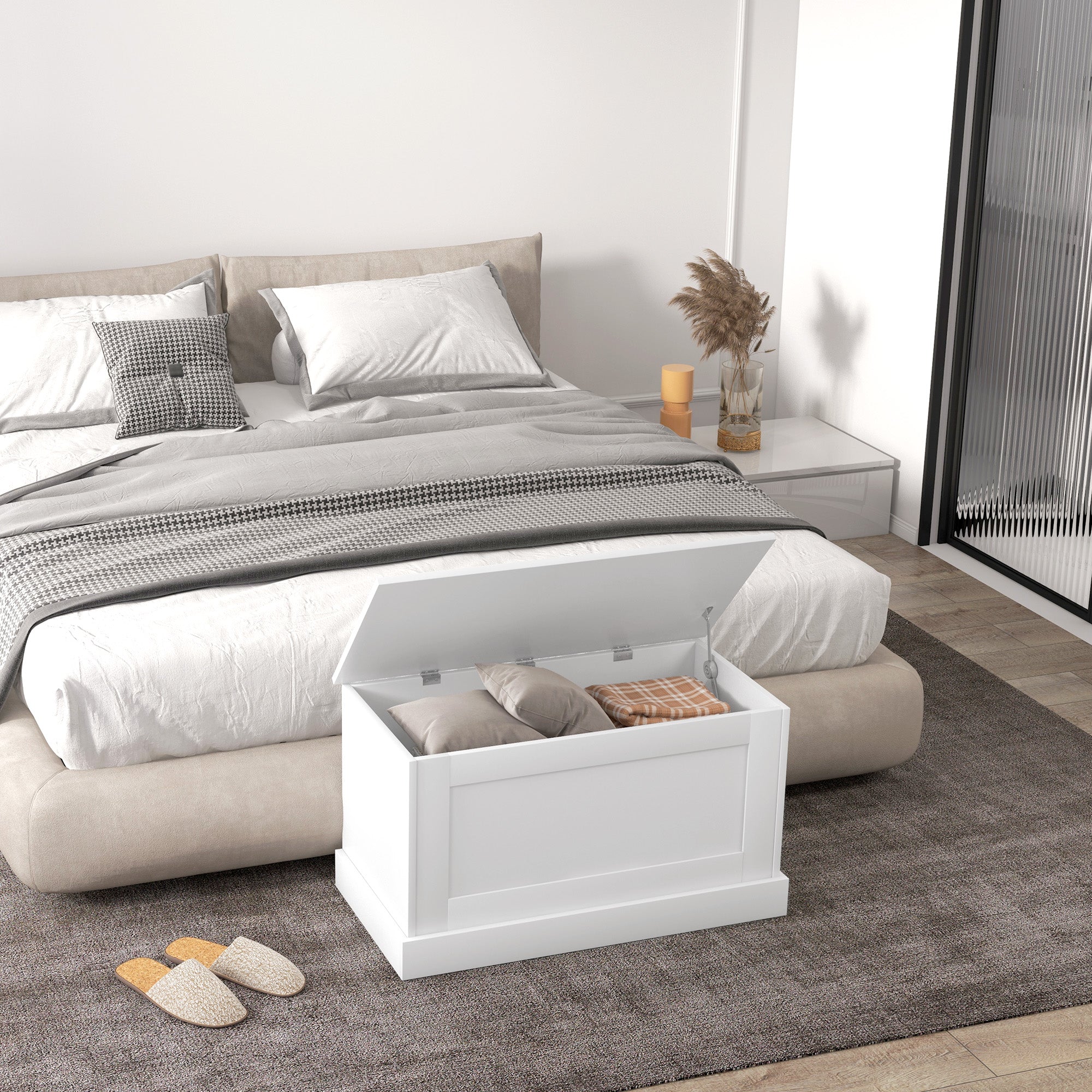 31.5 Inches Storage Chest, Storage Trunk with Safety Hinge, Wooden Box for Living Room, White Wood Grain Storage Cabinets at Gallery Canada
