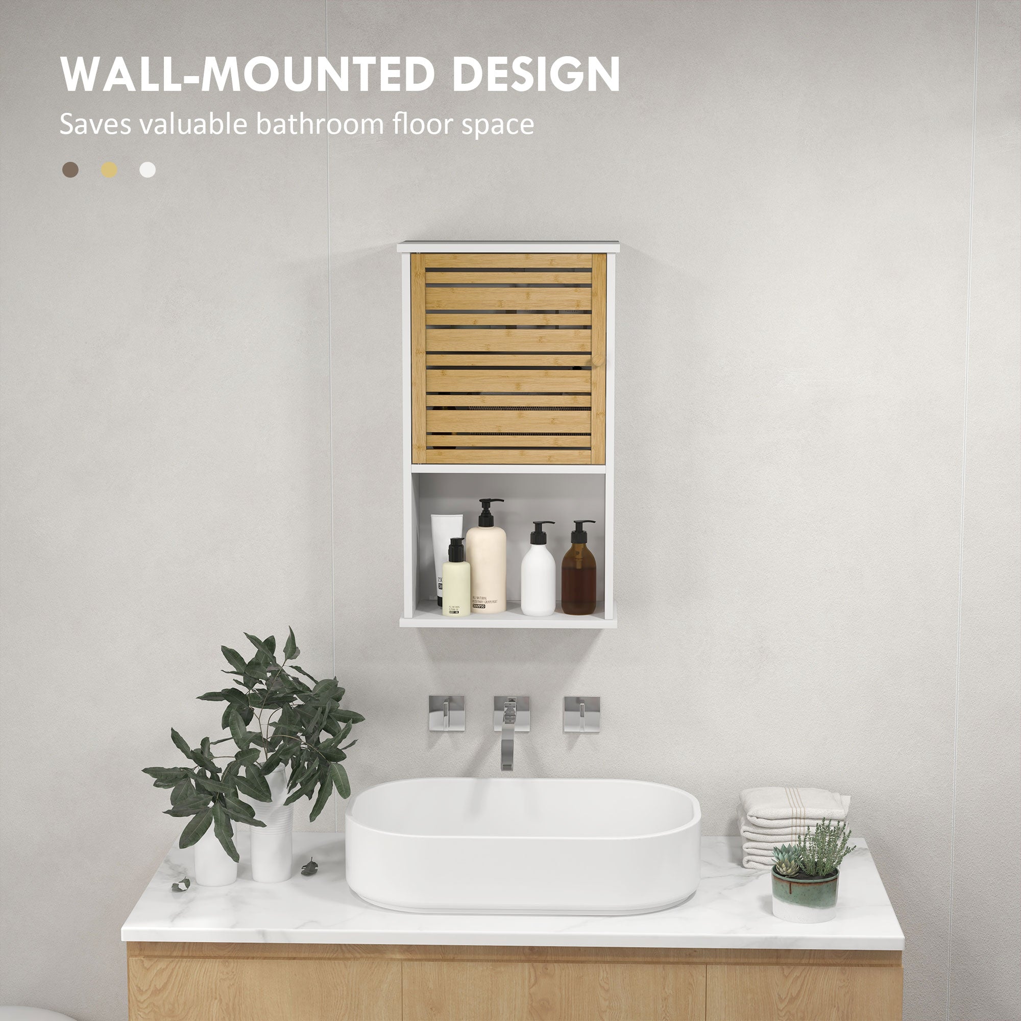 Wall Mounted Bathroom Cabinet with Storage, Bathroom Wall Cabinet with Bamboo Slat Door and Adjustable Shelf, White Wall Mounted Cabinets at Gallery Canada