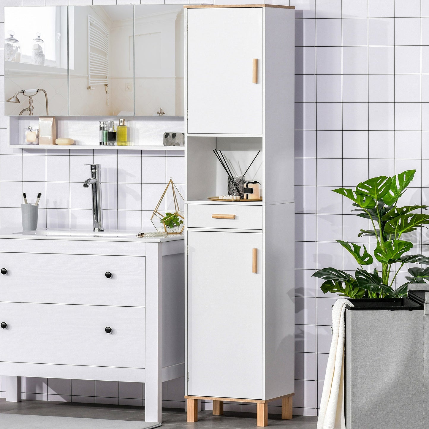 Bathroom Storage Cabinet with Cupboards and Drawer, Floor Free Standing Linen Tower, Tall Slim Side Organizer Shelves, White Bathroom Cabinets   at Gallery Canada