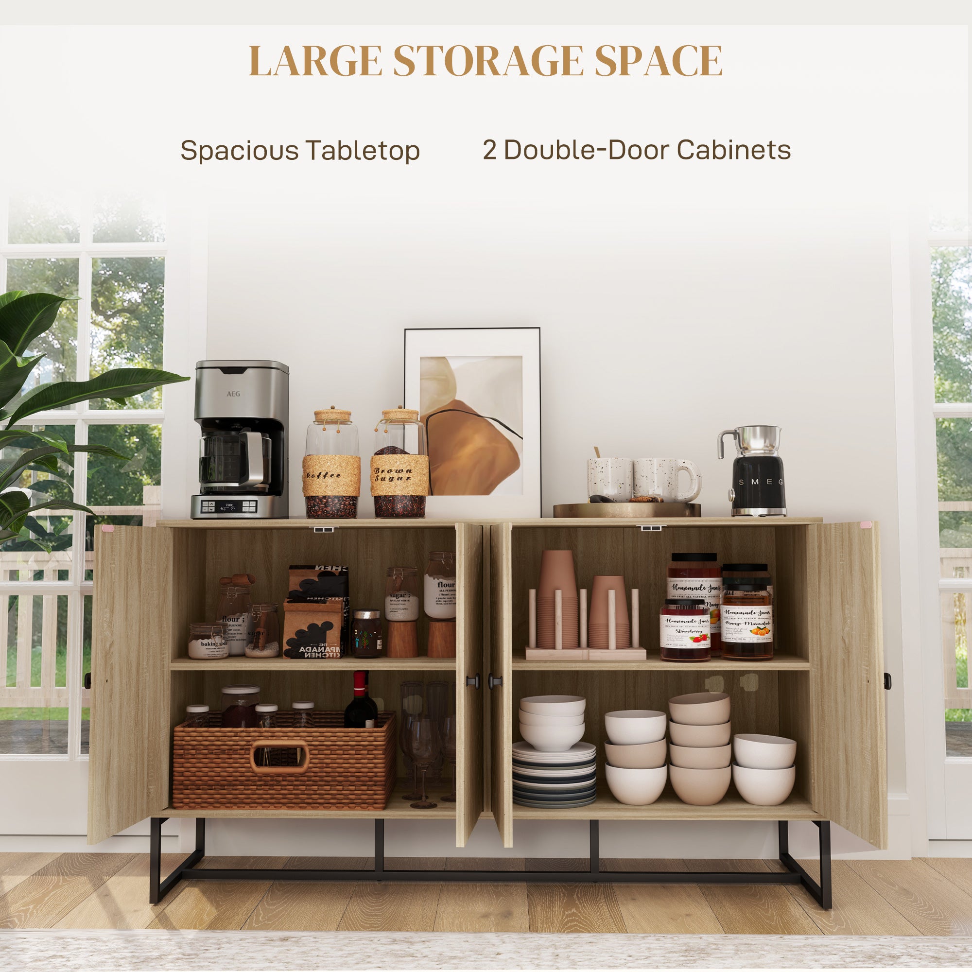 Sideboard Buffet Cabinet with 2 Adjustable Shelves and Steel Base, TV Stand, Coffee Bar Cabinet for Living Room, Oak Storage Cabinets at Gallery Canada
