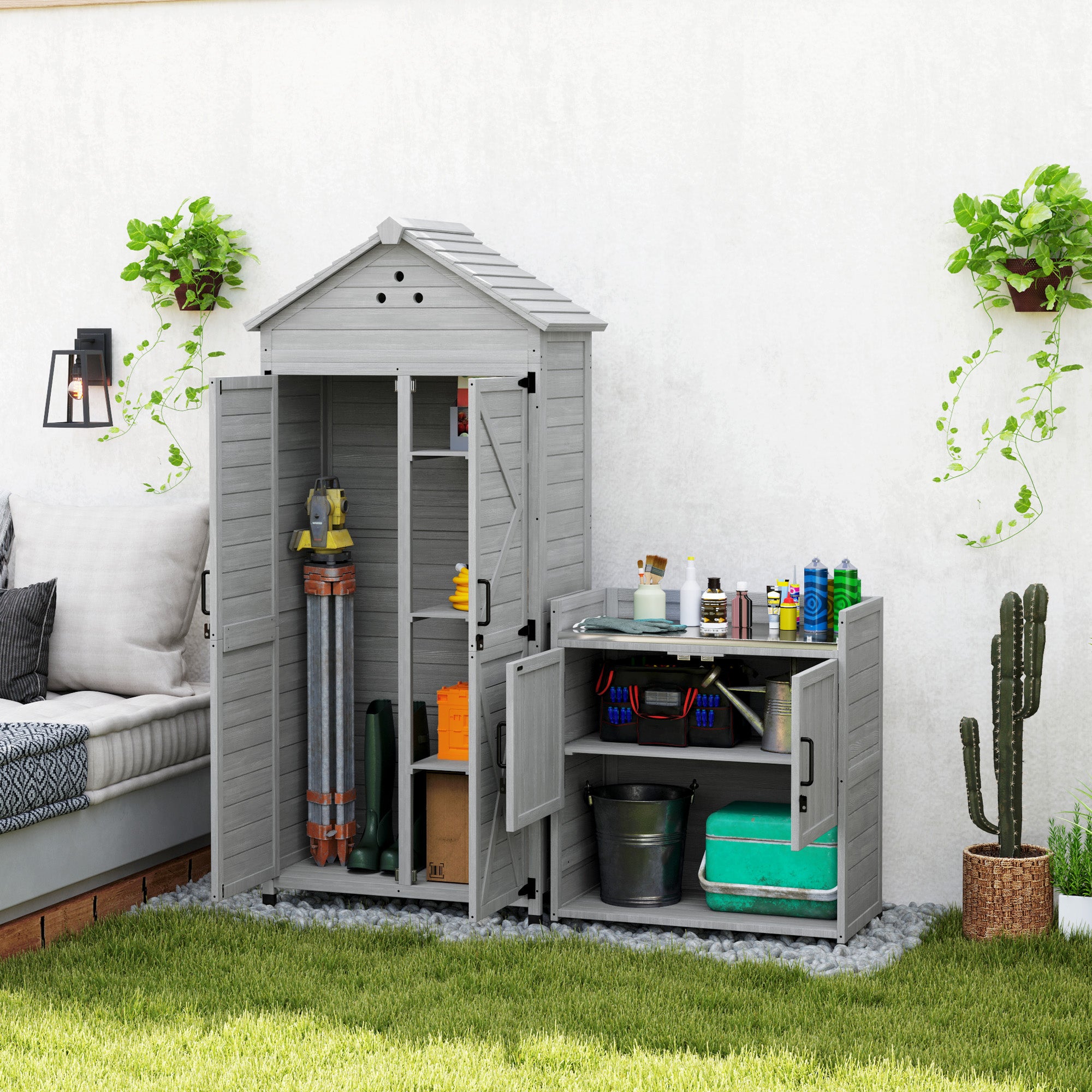 2-in-1 Outdoor Storage Cabinet, Wood Garden Shed with Shelves, Vent Holes, Foot Caps for Backyard, Patio, Lawn Sheds at Gallery Canada