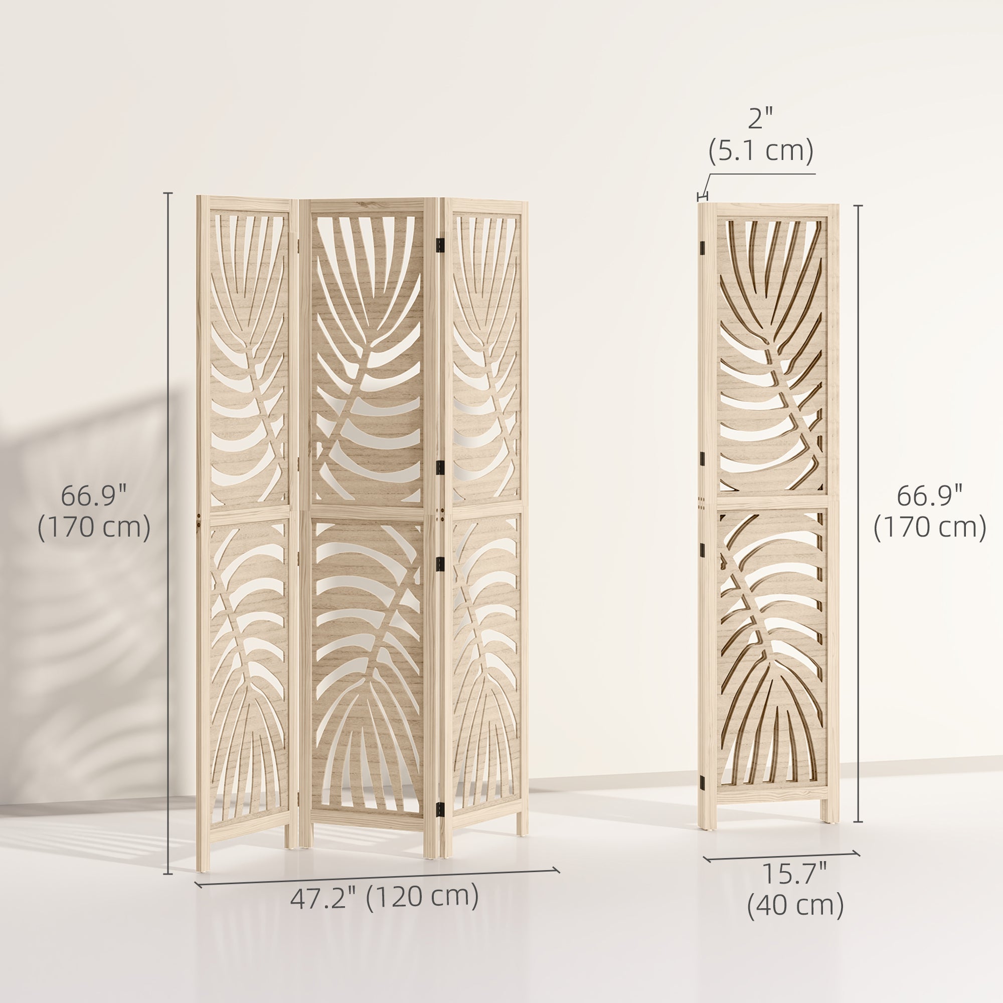 3 Panel Room Divider, Detachable Folding Privacy Screens with Palm Leaf Design for Home Office, Natural Wood Finish Room Dividers at Gallery Canada