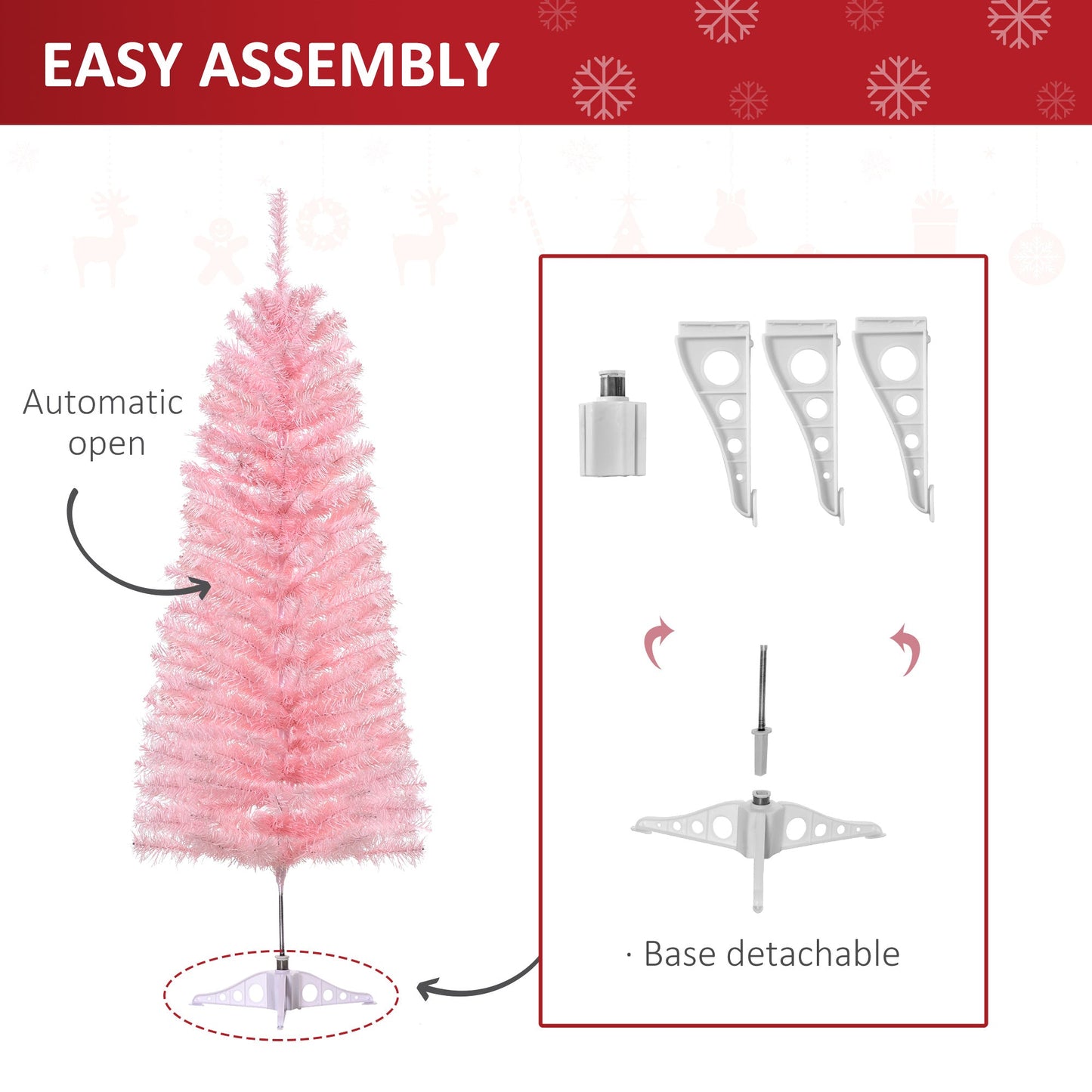 4FT Artificial Christmas Tree Holiday Xmas Holiday Pencil Tree Decoration with Automatic Open for Home Party, Pink Artificial Christmas Trees   at Gallery Canada