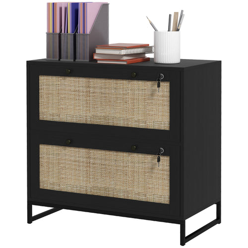 2-Drawer Filing Cabinet with Lock, Rattan File Cabinet with Adjustable Hanging Bar, Black