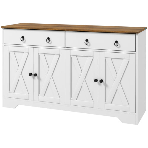 Kitchen Sideboard Cabinet with 2 Drawers, 4 Barn Doors and 2 Adjustable Shelves, Buffet Table for Living Room, White