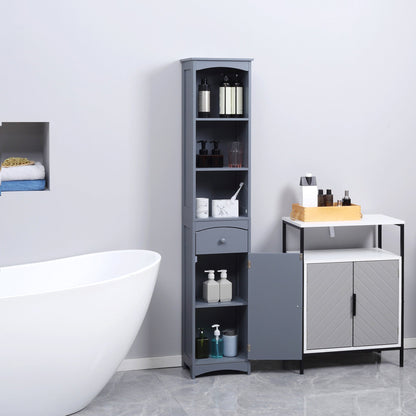 Bathroom Storage Cabinet, Tall Linen Tower with 3-Tier Shelves and Drawer and Door, Grey Bathroom Cabinets   at Gallery Canada