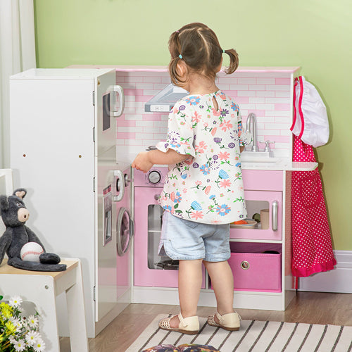 Corner Pretend Play Toy Kitchen with Sink Stove, Wooden Kids Kitchen Playset with Light Sound, Storage Cabinets, Ice Maker, Refrigerator, Washing Machine, Food Toys, White