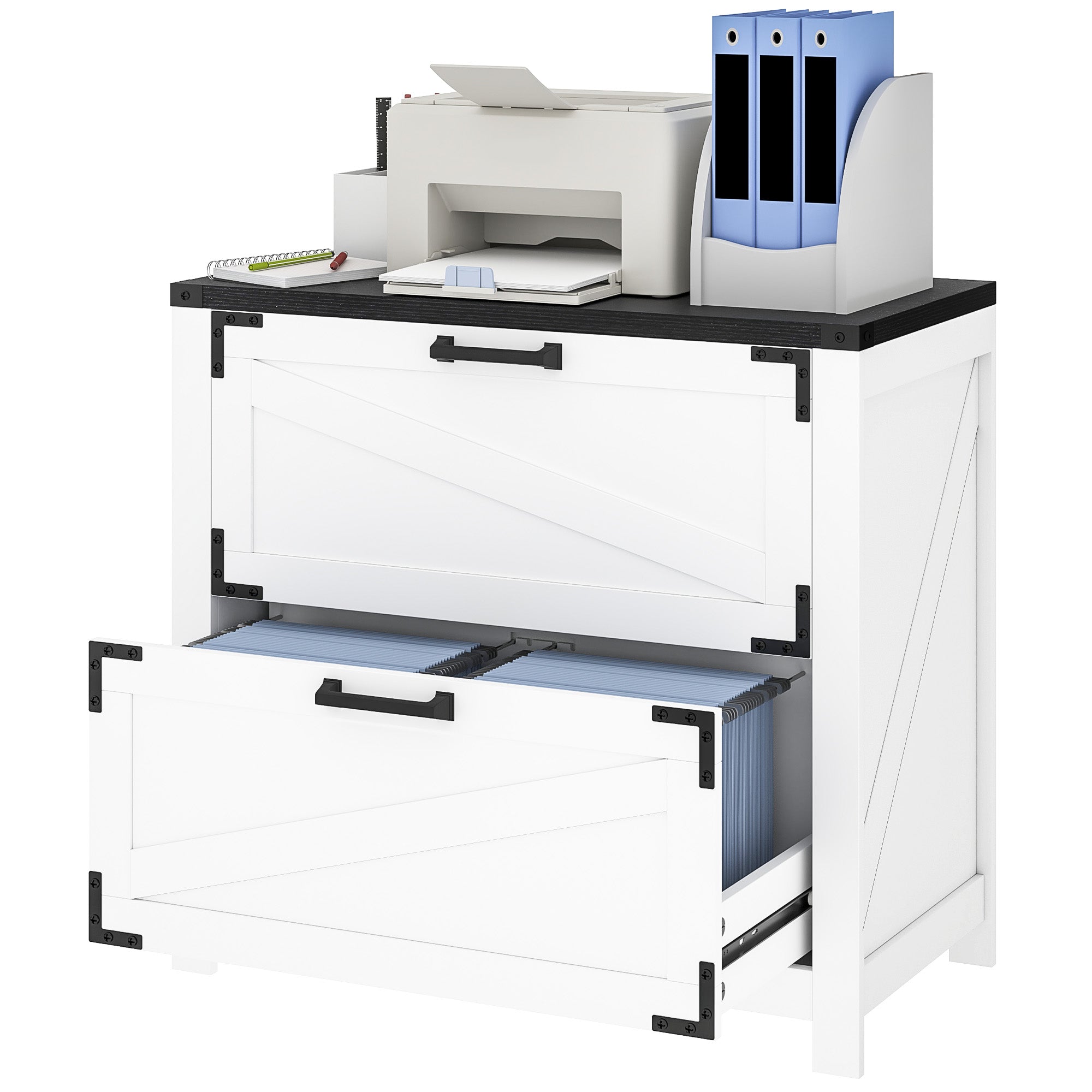 2 Drawer Filing Cabinet, Farmhouse Office Storage Cabinet with Adjustable Hanging Bars for Letter, A4, Legal Size, White Office Cabinets & Cupboards White at Gallery Canada